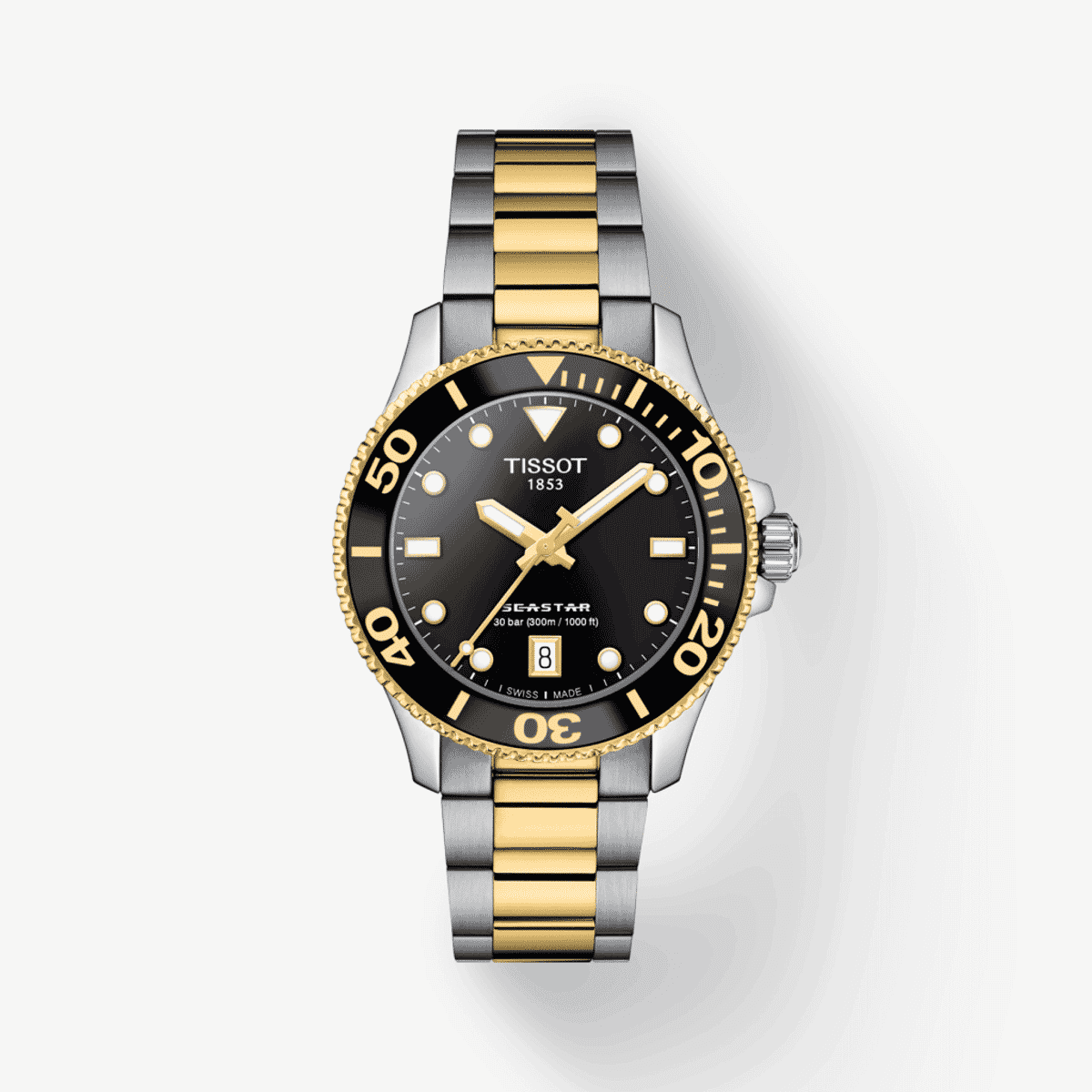 Reloj Tissot Seastar 1000 36mm Esfera Negra Brazalete Bicolor - T1202102205100