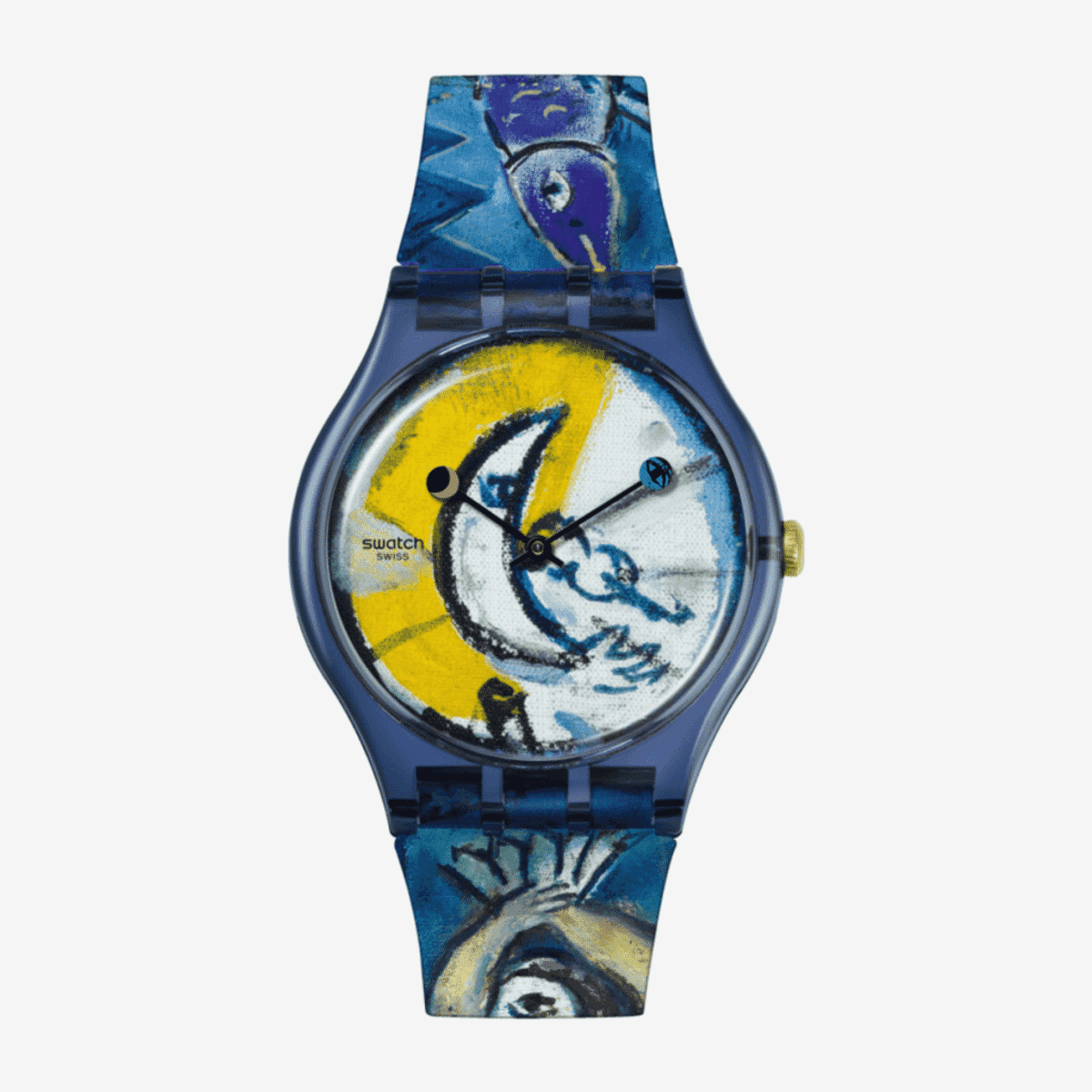 Reloj Swatch Chagall's Blue Circus con diseño artístico azul y amarillo - SUOZ365