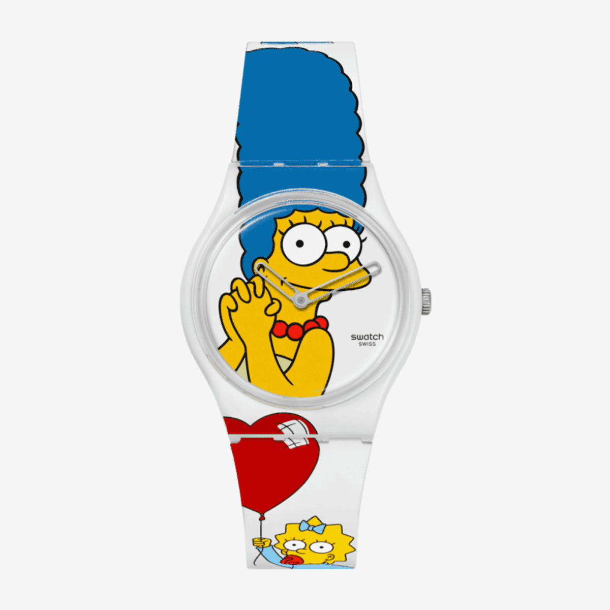 Reloj Swatch Best. Mom. Ever. con esfera blanca con diseño de Los Simpson, caja blanca y correa decorada con corazón rojo y detalles en azul - SO28Z116