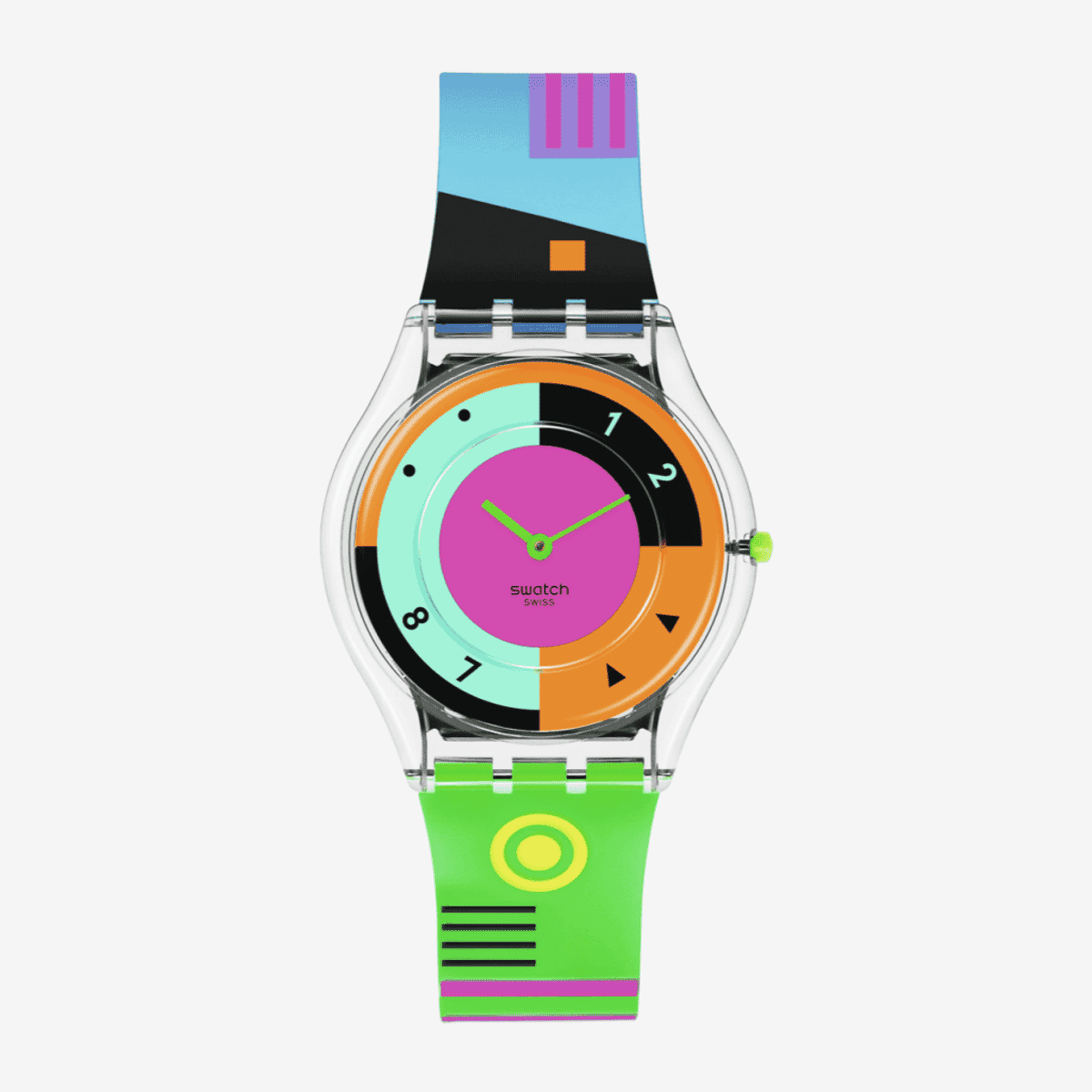 Reloj Swatch Neon Hot Racer con esfera multicolor en tonos rosa, naranja y turquesa, caja transparente y correa verde - SS08K119