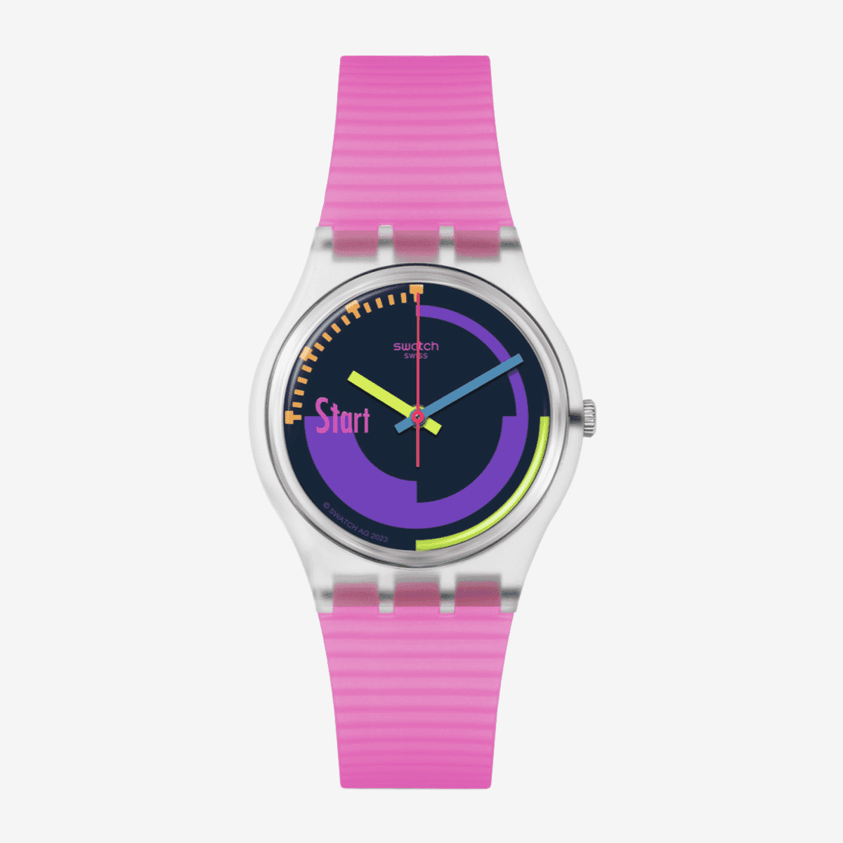 Reloj Swatch Neon Pink Podium con esfera púrpura y negra, caja transparente y correa rosa - SO28K111