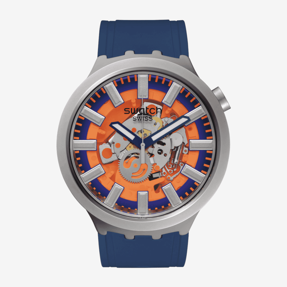 Reloj Swatch Orange in the Works con esfera naranja y azul, caja plateada y correa azul marino - SB07S114