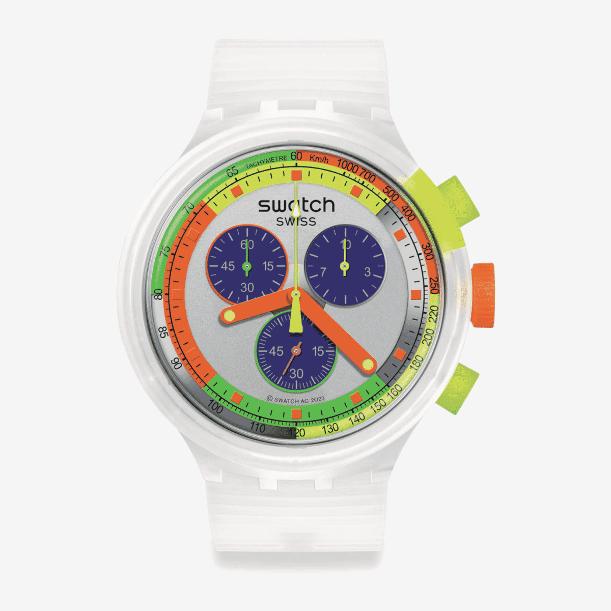 Reloj Swatch Neon Jelly con esfera multicronógrafo de colores, caja blanca transparente y correa blanca - SB02K100