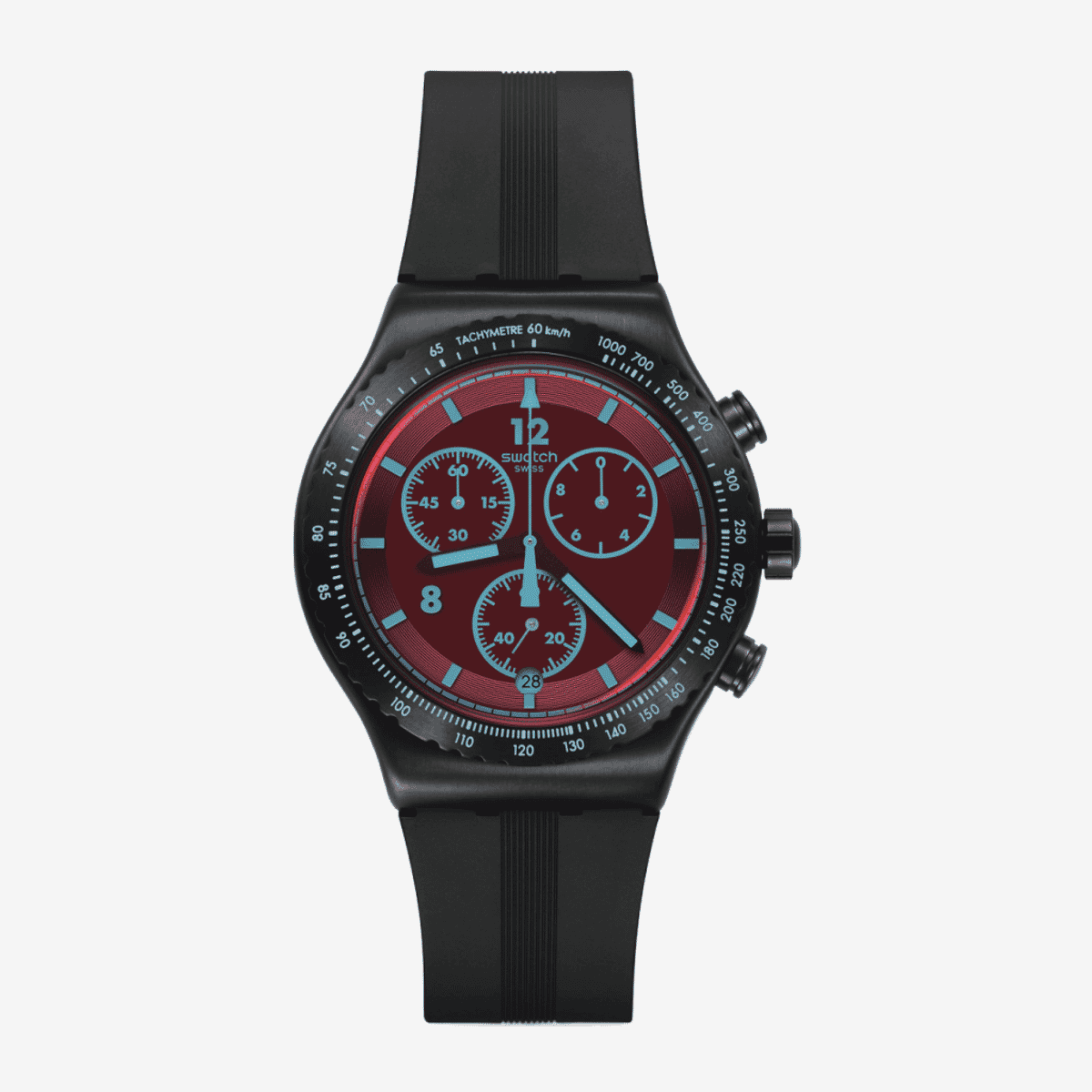 Reloj Swatch Crimson Mystique con esfera roja y negra, caja negra y correa negra - YVB417