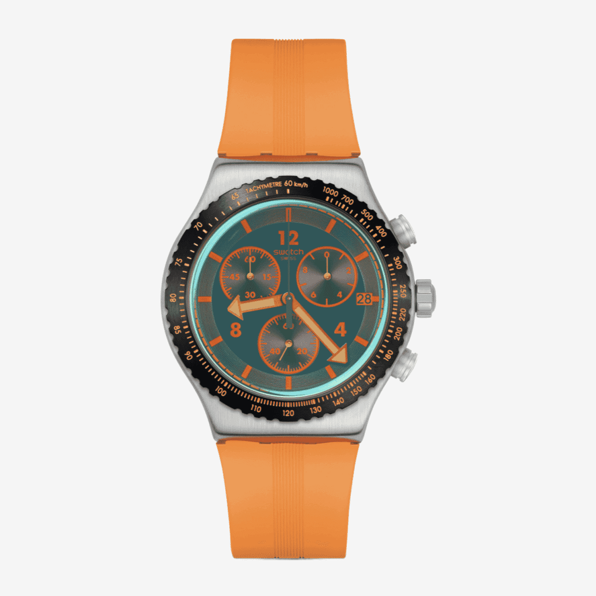 Reloj Swatch Tangerine Tiger con esfera turquesa y naranja, caja plateada y correa naranja - YVS529