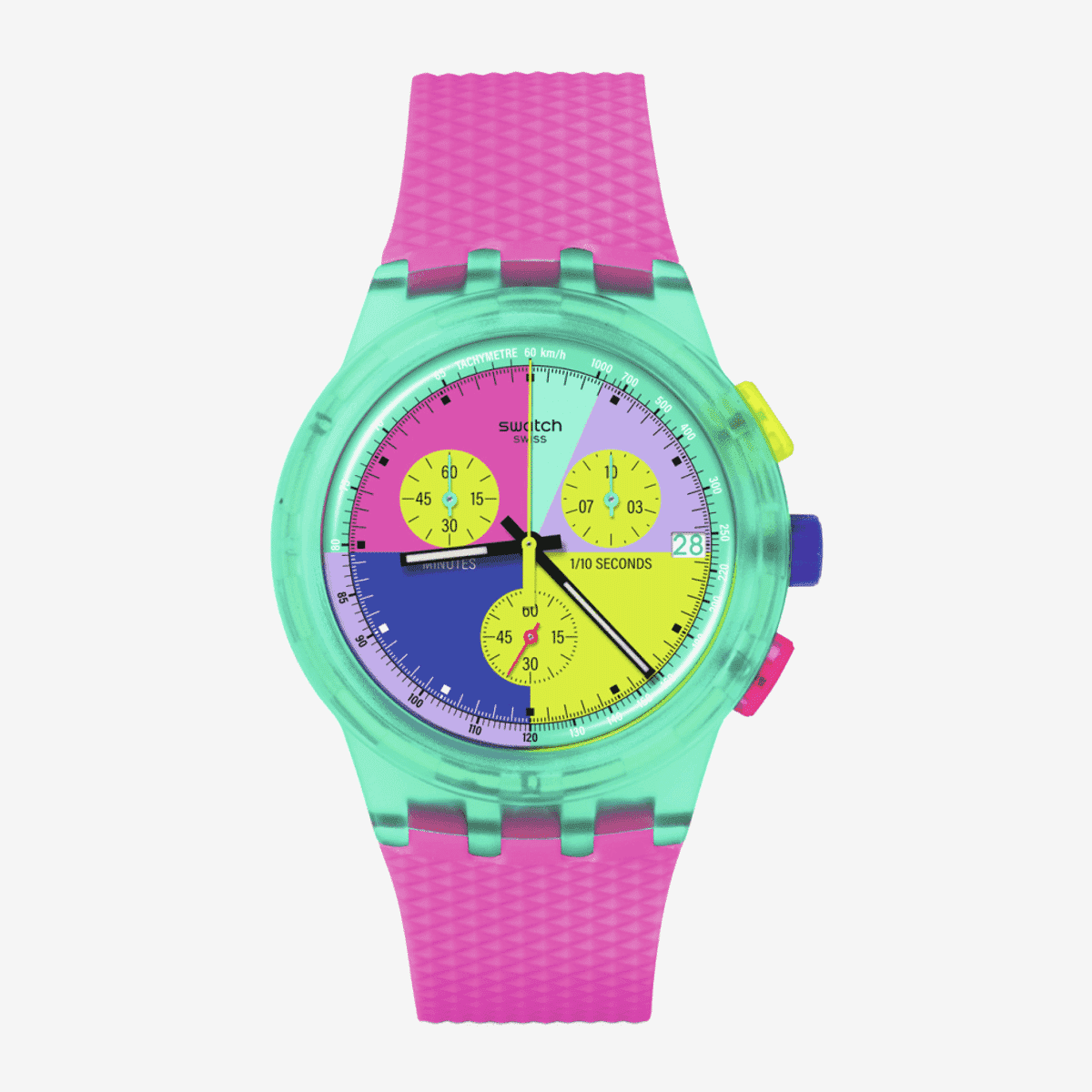 Reloj Swatch Neon Flash Arrow con esfera multicolor, caja verde y correa rosa - SUSG408