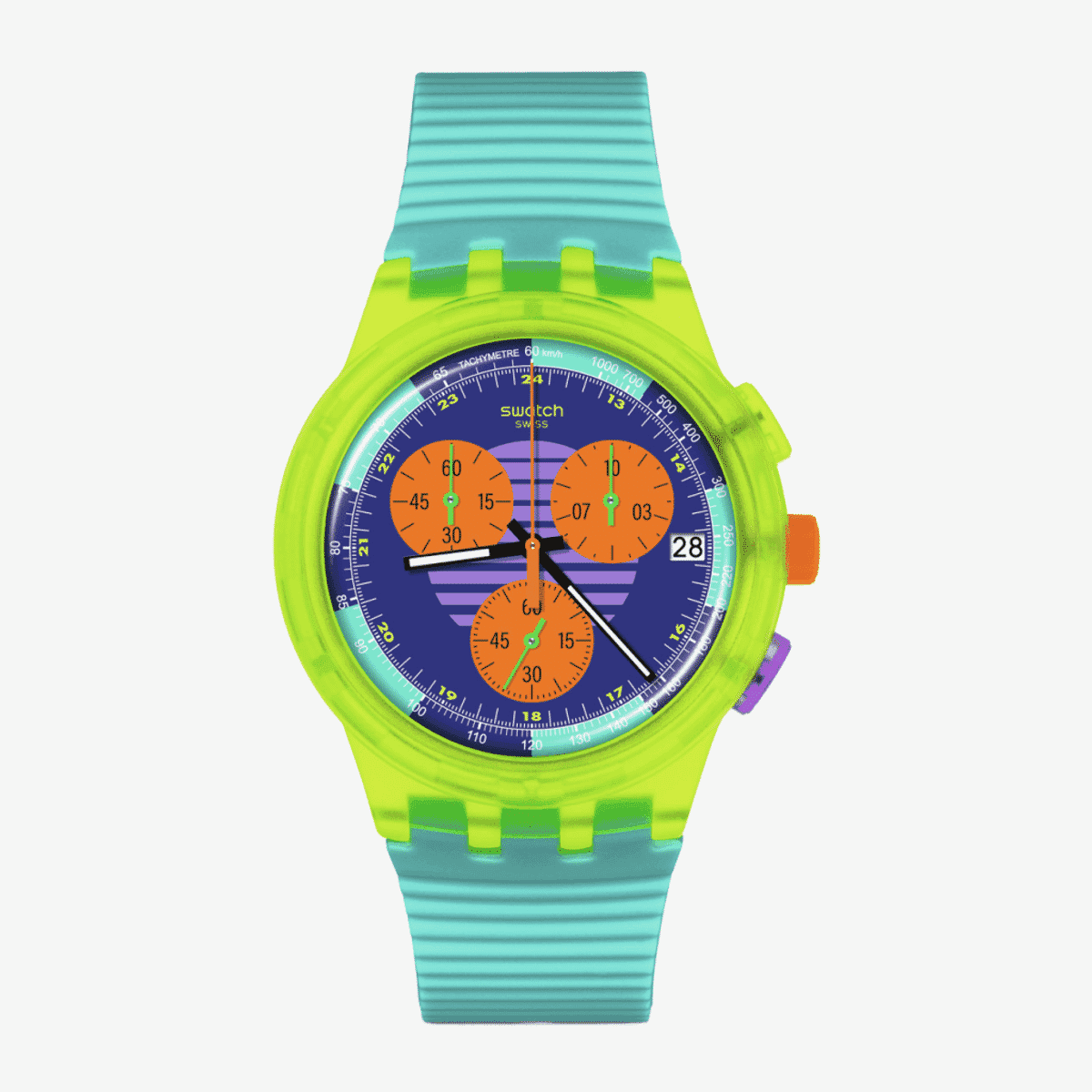 Reloj Swatch Neon Wave con caja y bisel verde neón, esfera azul con subesferas naranjas y correa de silicona turquesa - SUSJ404