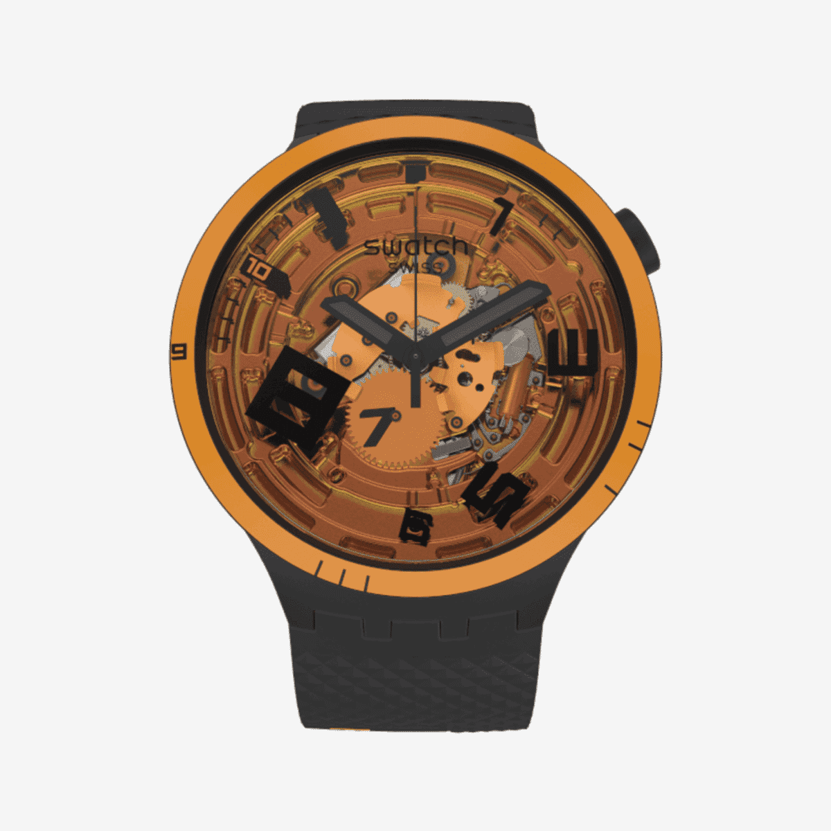 Reloj Swatch Oops! con esfera naranja y bisel naranja sobre correa negra - SB01B127