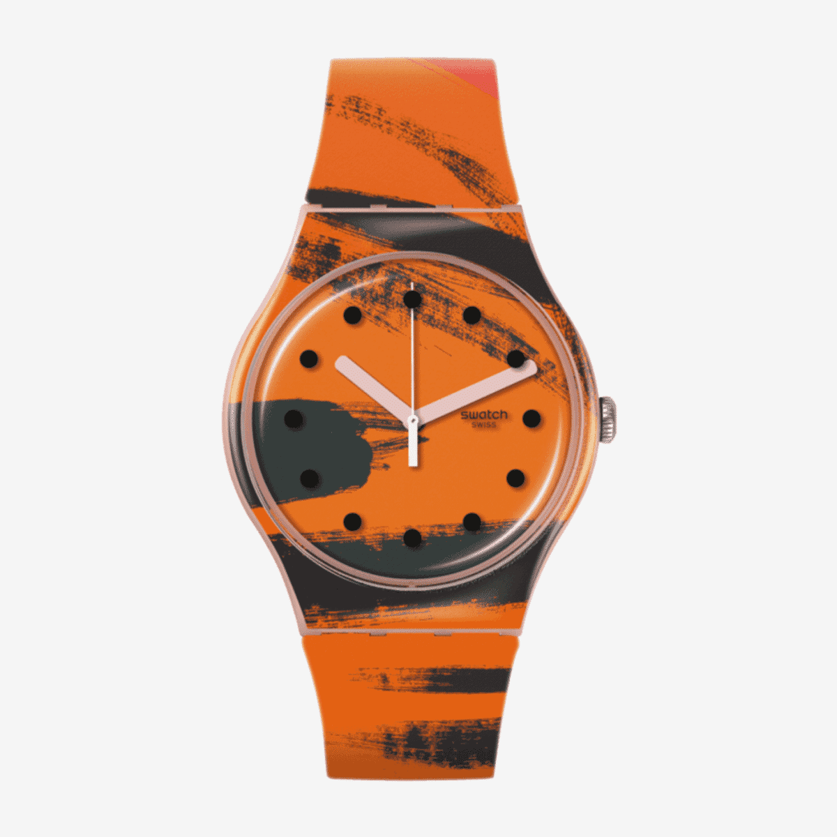 Reloj Swatch Barns-Graham's Orange and Red on Pink con diseño abstracto naranja y negro - SUOZ362