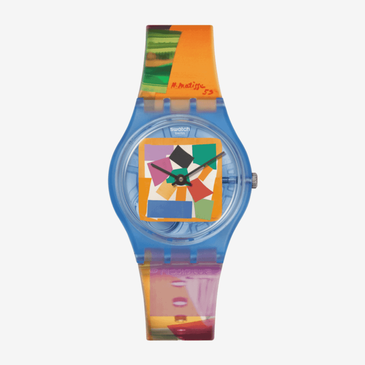 Reloj Swatch Matisse's Snail con caja azul transparente y correa multicolor - SO28Z127