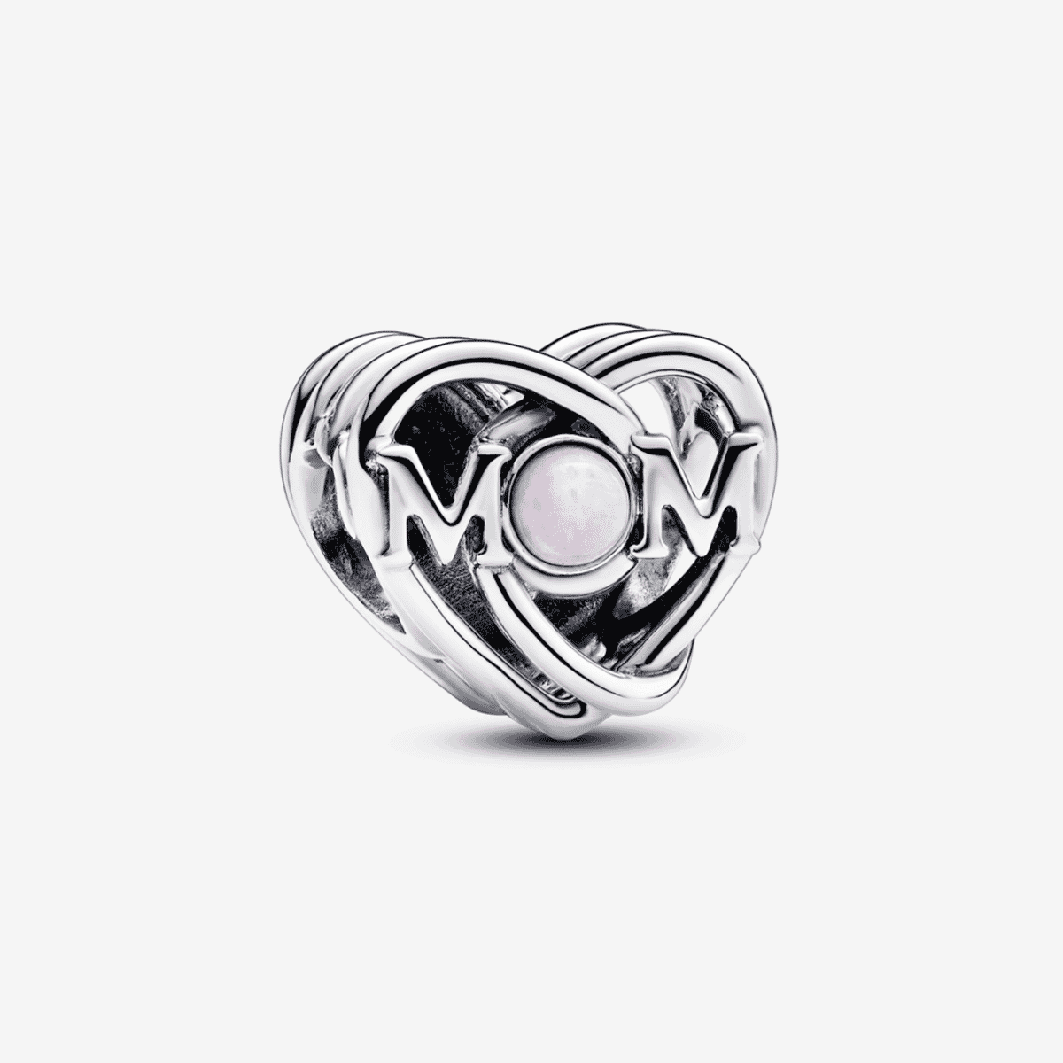 Charm Pandora de plata con diseño de corazón y texto 'MOM' con piedra rosa - 793233C01