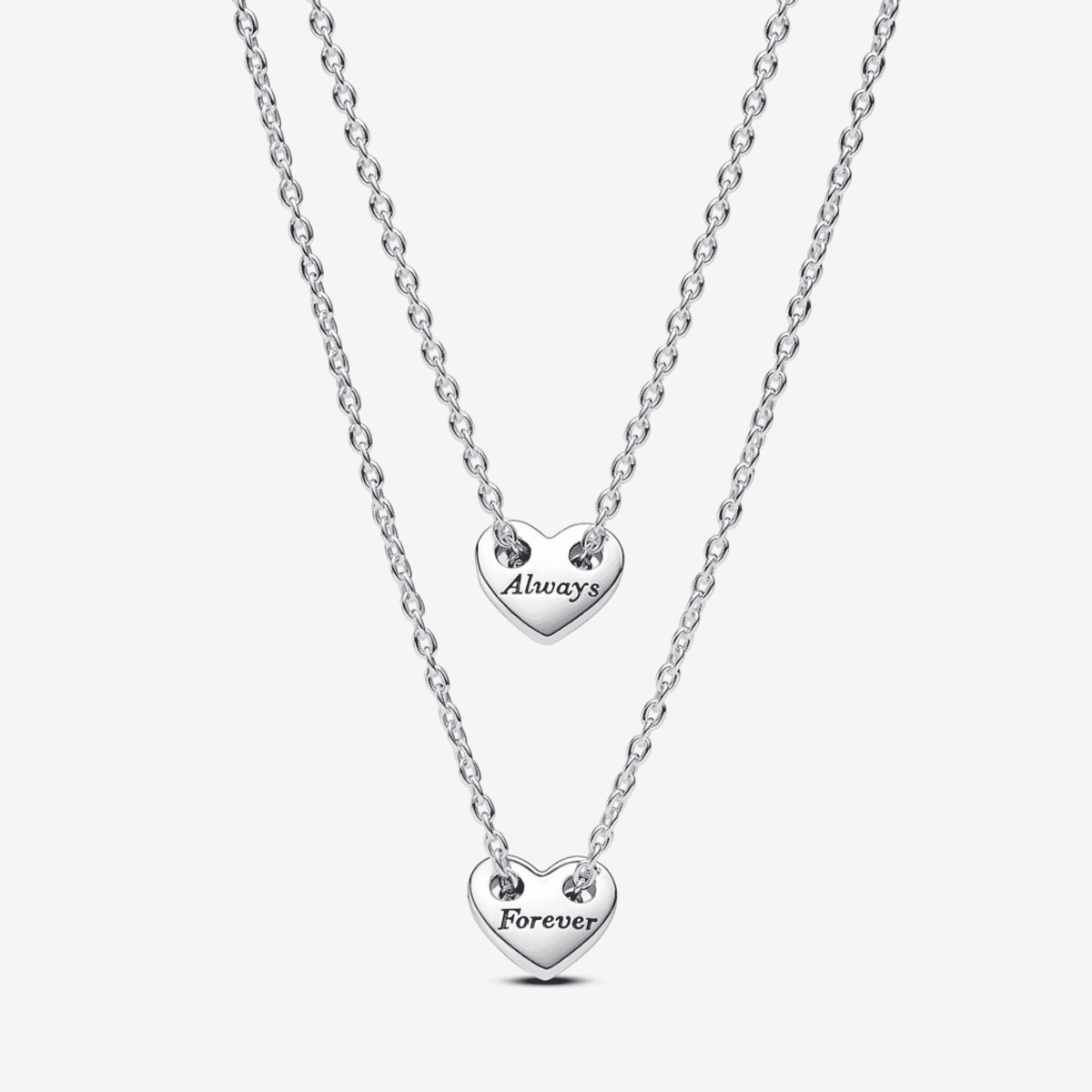 Collar Pandora Divisible Para Siempre en plata de ley con dos cadenas y charms de corazón, vista frontal - 393207C00