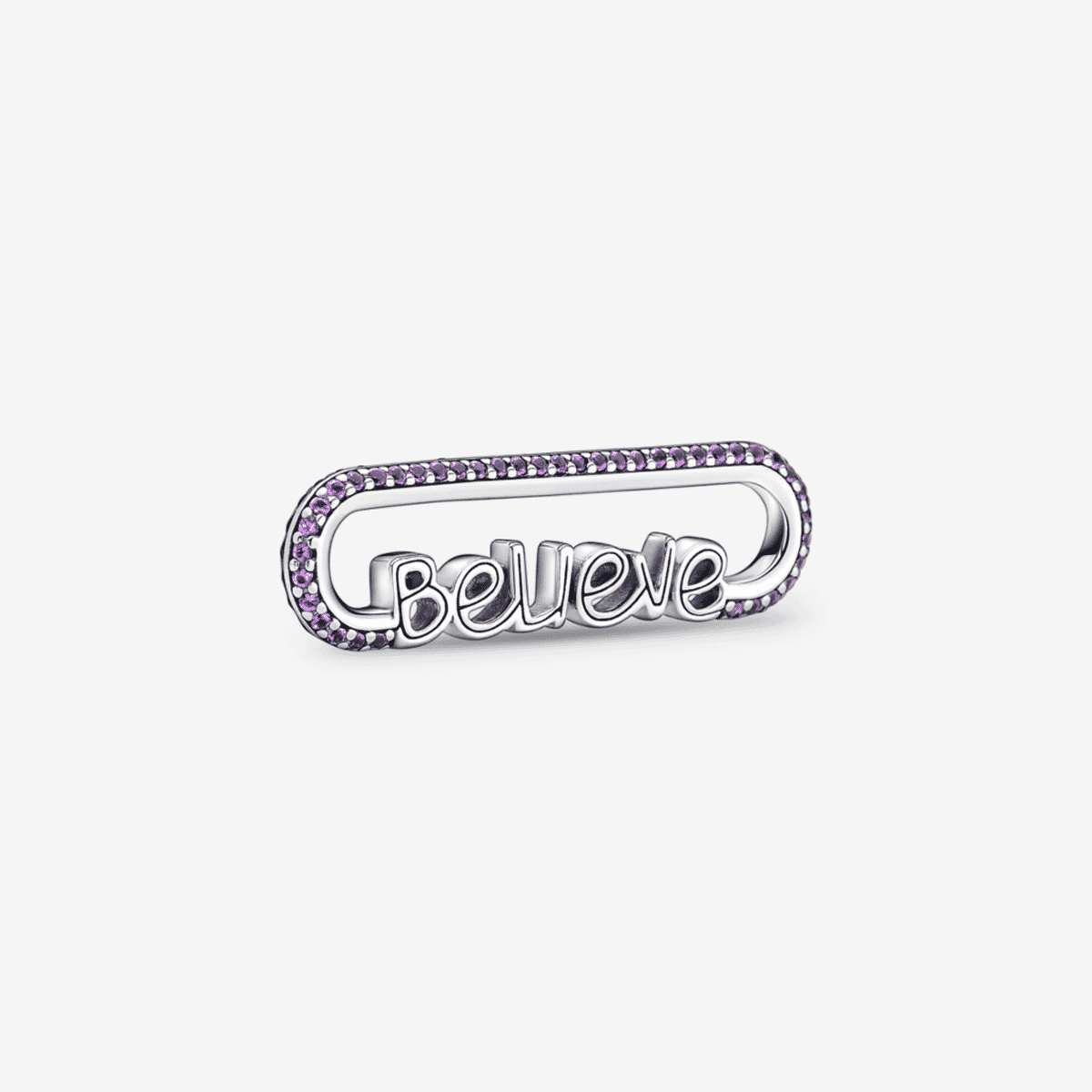Link Palabra Believe Pandora ME en plata de ley con cristales morados vista frontal - 790767C01