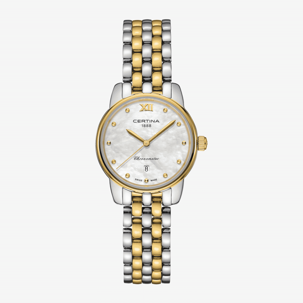 Reloj Certina DS-8 con caja y brazalete bicolor en acero y oro, esfera nácar con diamantes - C0330512211801