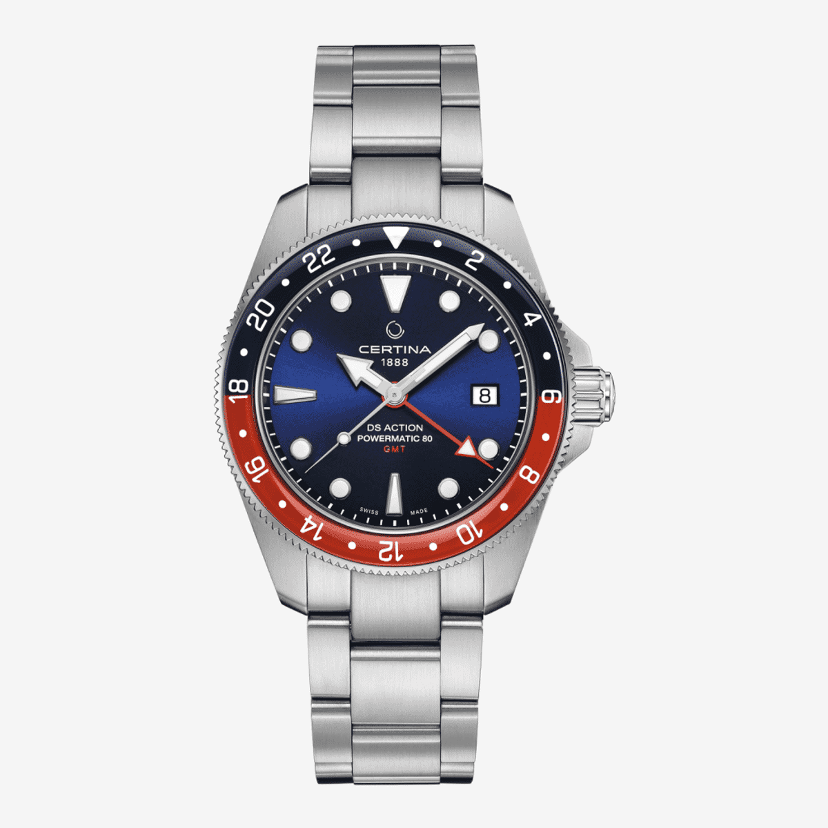 Reloj Certina DS Action GMT con caja y brazalete de acero, esfera azul y bisel rojo/azul - C0329291104100