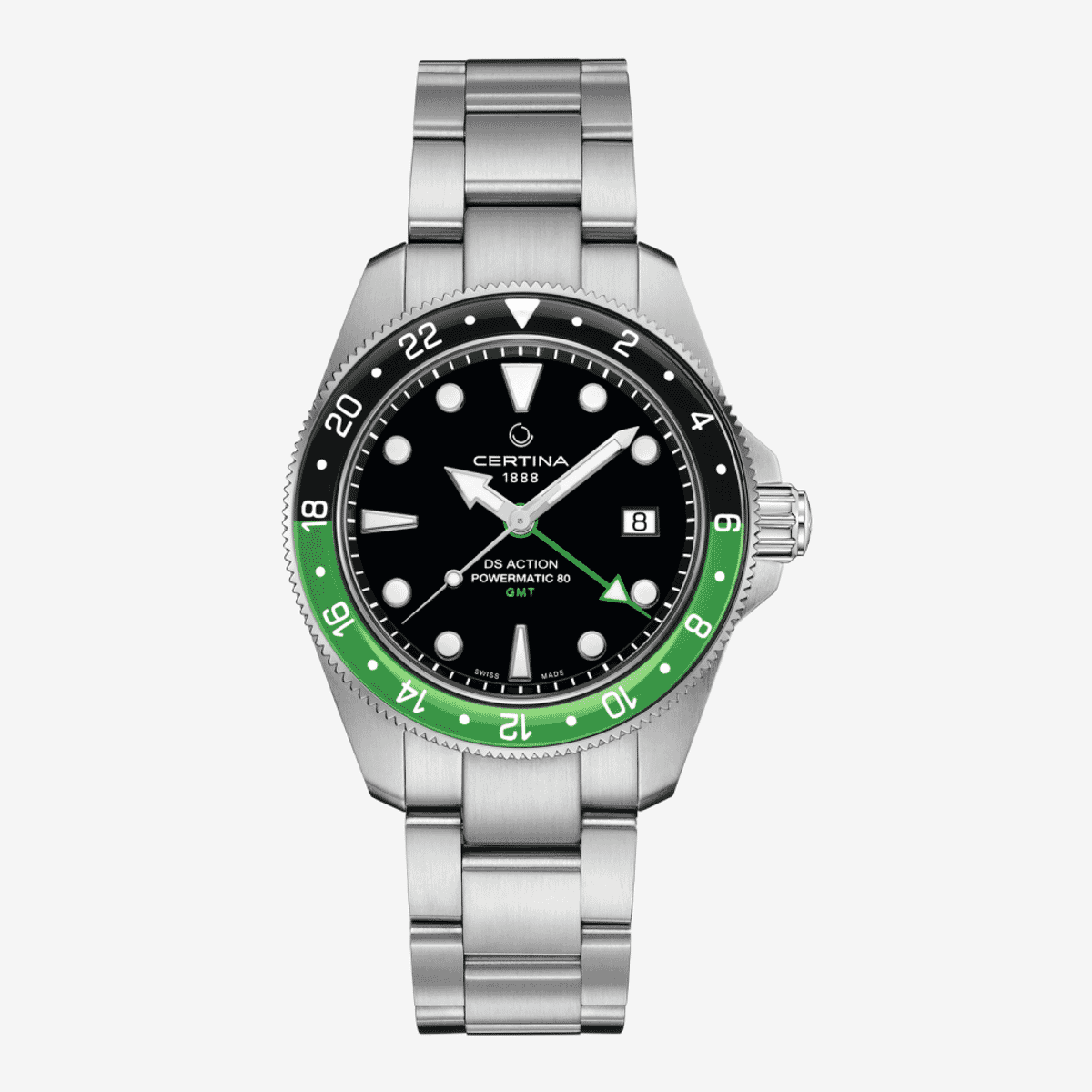 Reloj Certina DS Action GMT con caja y brazalete de acero, esfera negra y bisel verde - C0329291105100