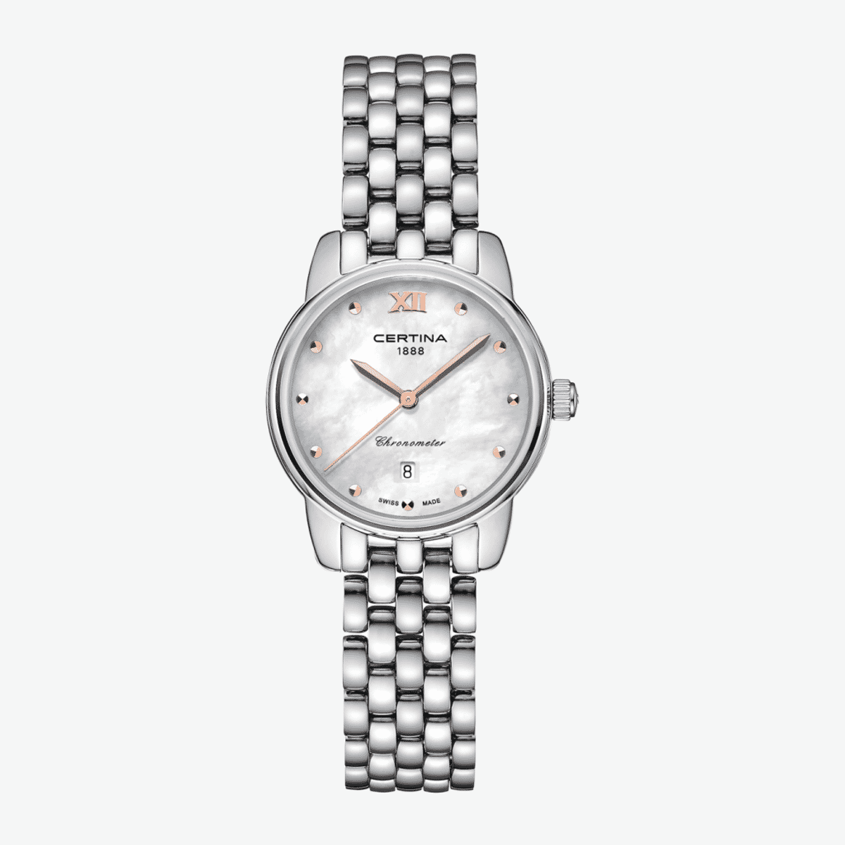 Reloj Certina DS-8 con caja y brazalete de acero, esfera nácar y agujas en tono rosa - C0330511111801