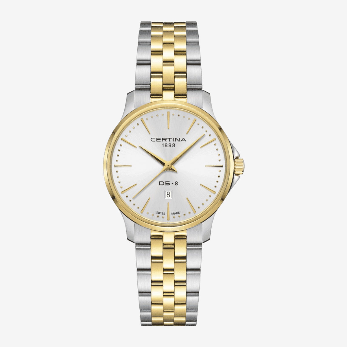Vista frontal del Reloj Certina DS-8 Lady 31mm con esfera plateada y brazalete bicolor en acero y oro - C0450102203100