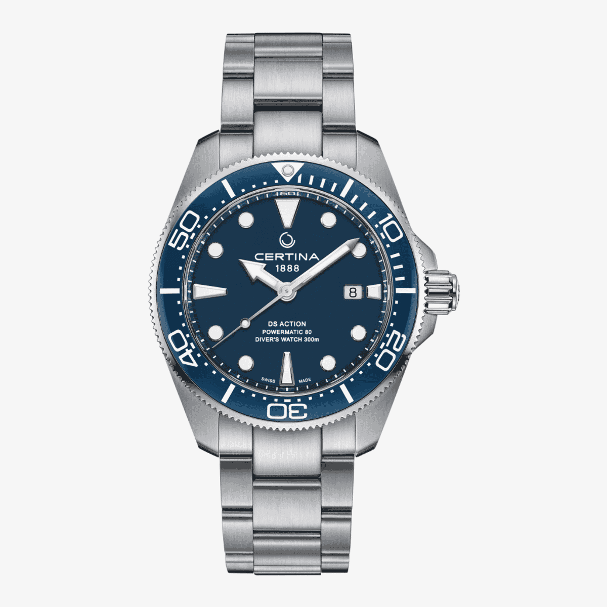 Vista frontal del Reloj Certina DS Action Diver 43mm con esfera azul y brazalete de acero - C0326071104100