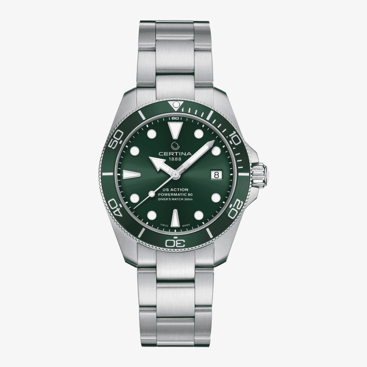 Reloj Certina DS Action Diver 38mm Powermatic 80 con caja de acero, esfera verde, bisel verde y brazalete de acero - C0328071109100