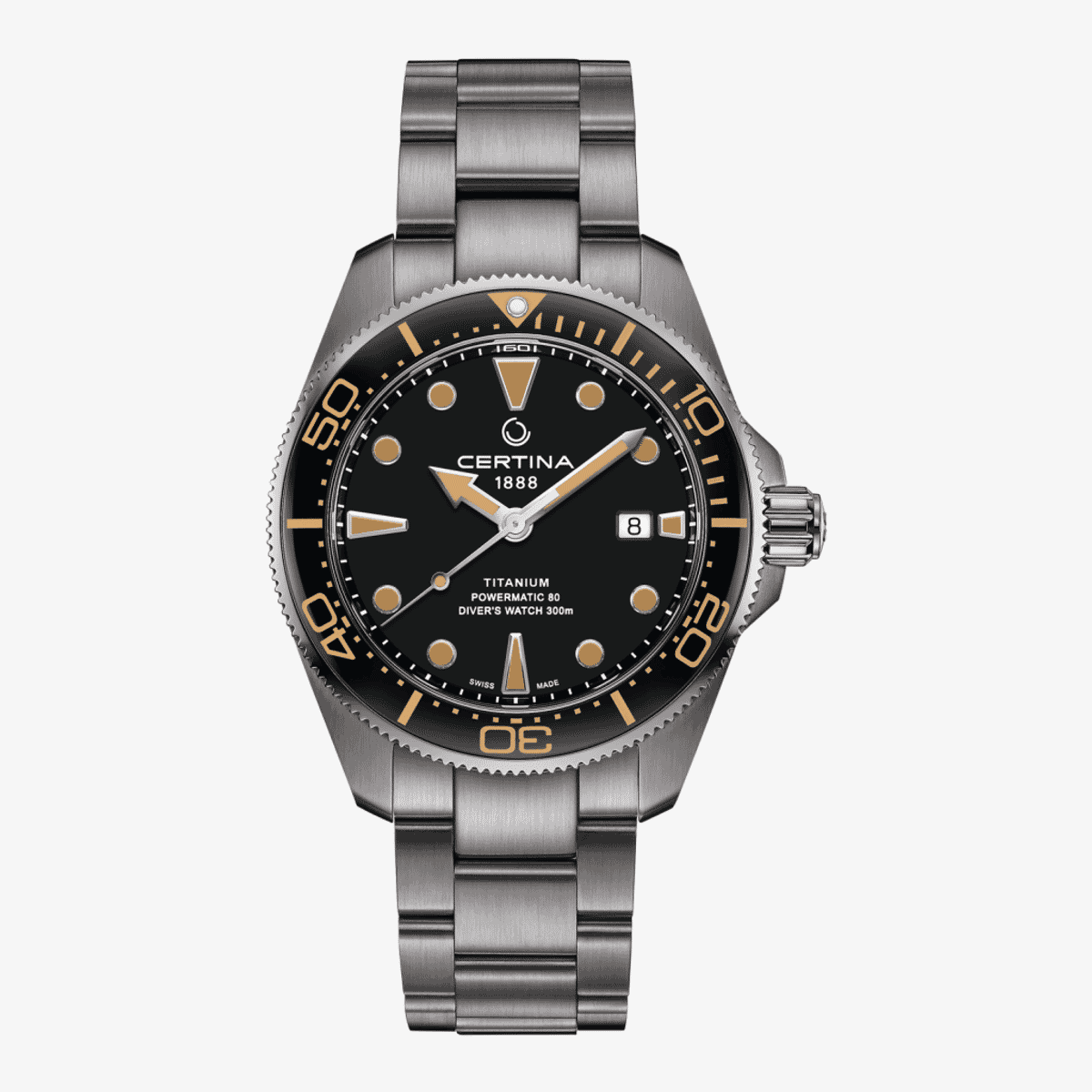 Reloj Certina DS Action Diver 43mm Powermatic 80 en titanio con esfera negra, bisel negro con detalles dorados y brazalete de titanio - C0326074405100