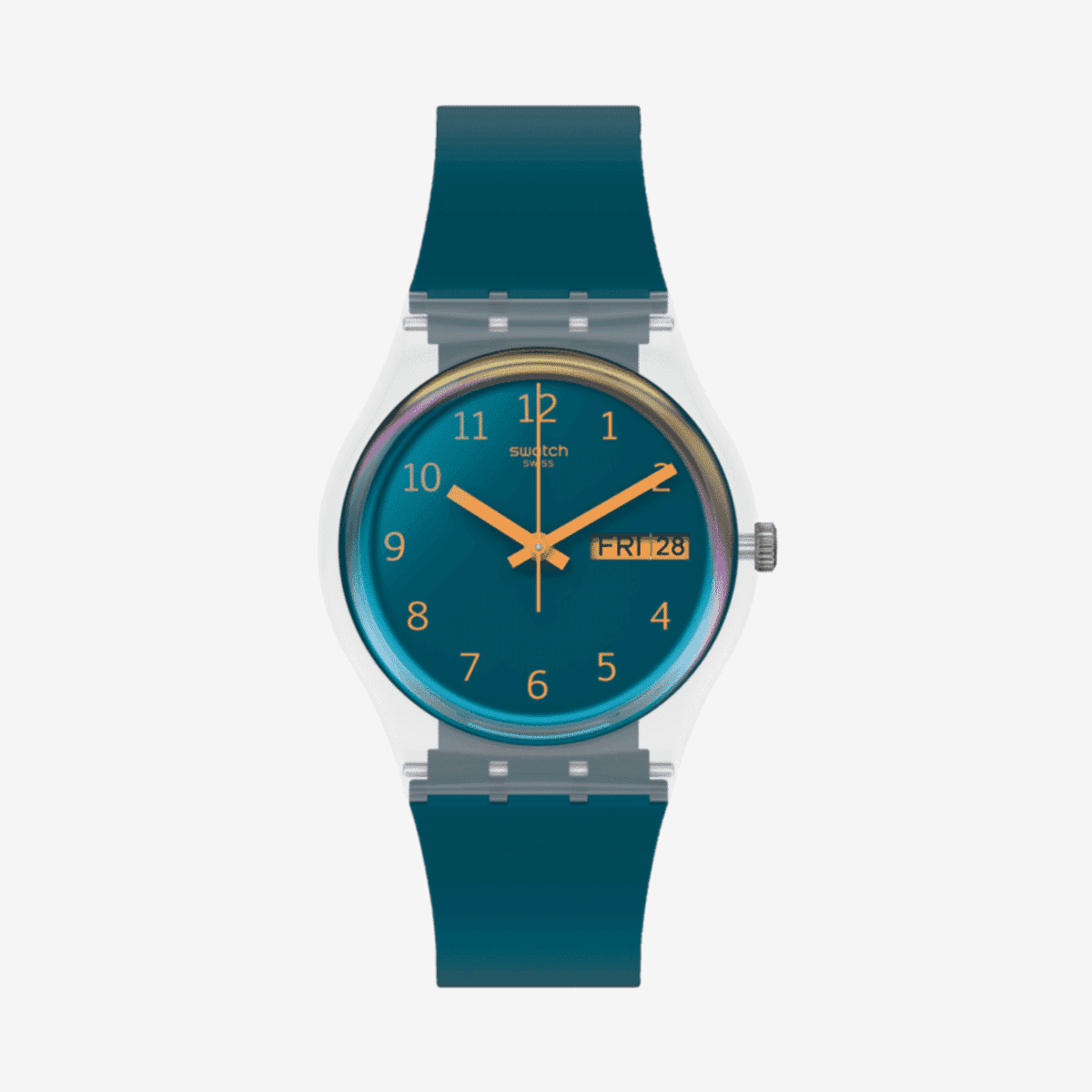 Reloj Swatch Blue Away con esfera verde azulada y números naranjas - SO28K700