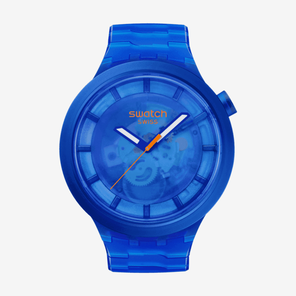 Reloj Swatch Navy Joy con caja y correa de plástico azul, esfera azul transparente - SB05N116