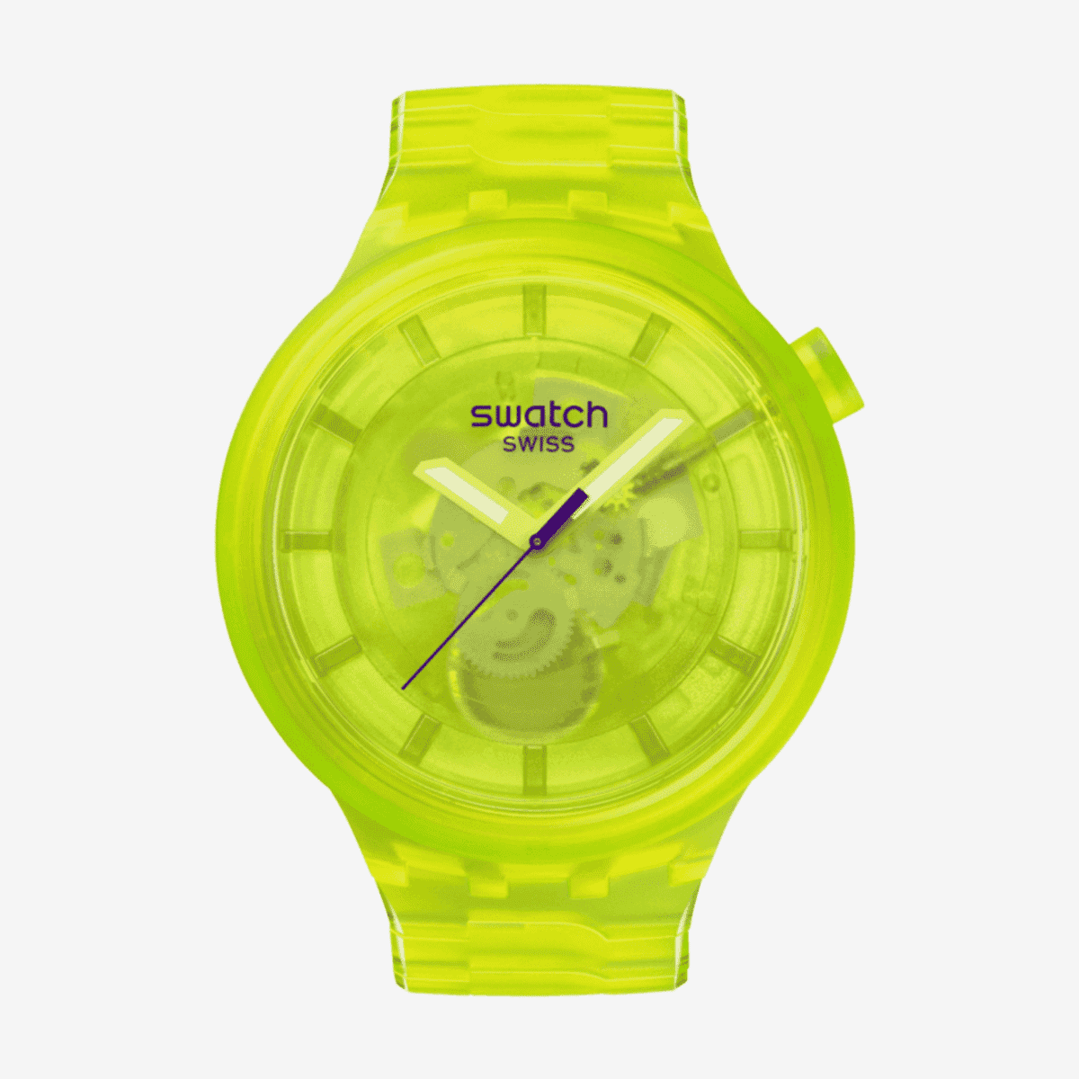 Reloj Swatch Yellow Joy con caja y correa de plástico amarillo neón, esfera amarilla transparente - SB05J103