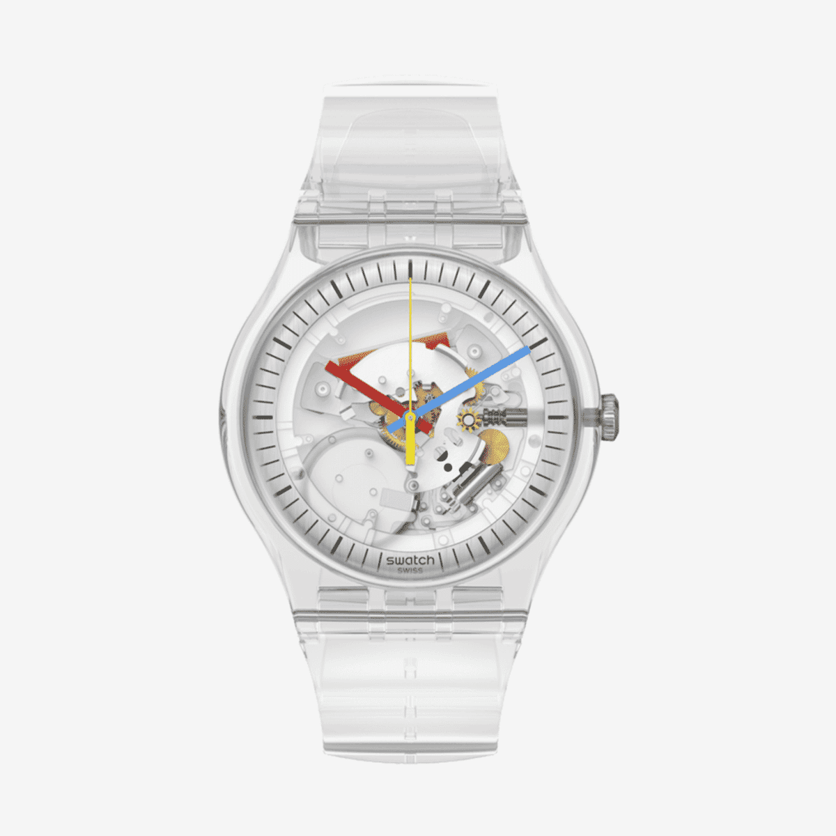 Reloj Swatch Clearly New Gent con caja transparente y correa blanca, esfera blanca con mecanismo visible - SO29K100-S06