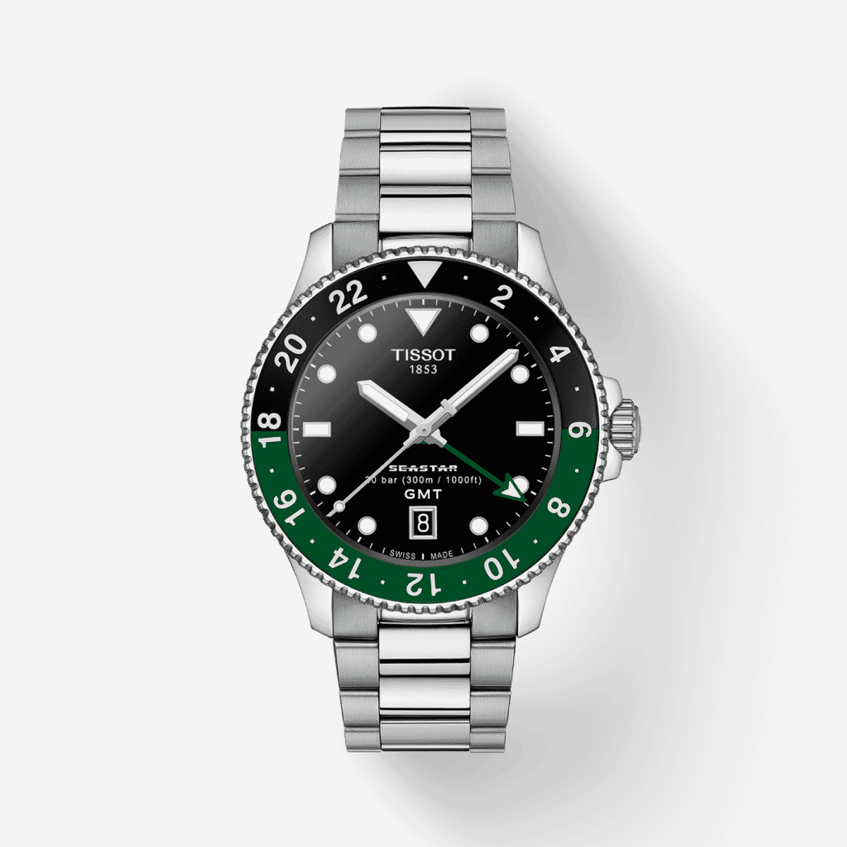 Reloj Tissot Seastar 1000 GMT con esfera negra, bisel negro/verde y brazalete de acero - T1208521105100