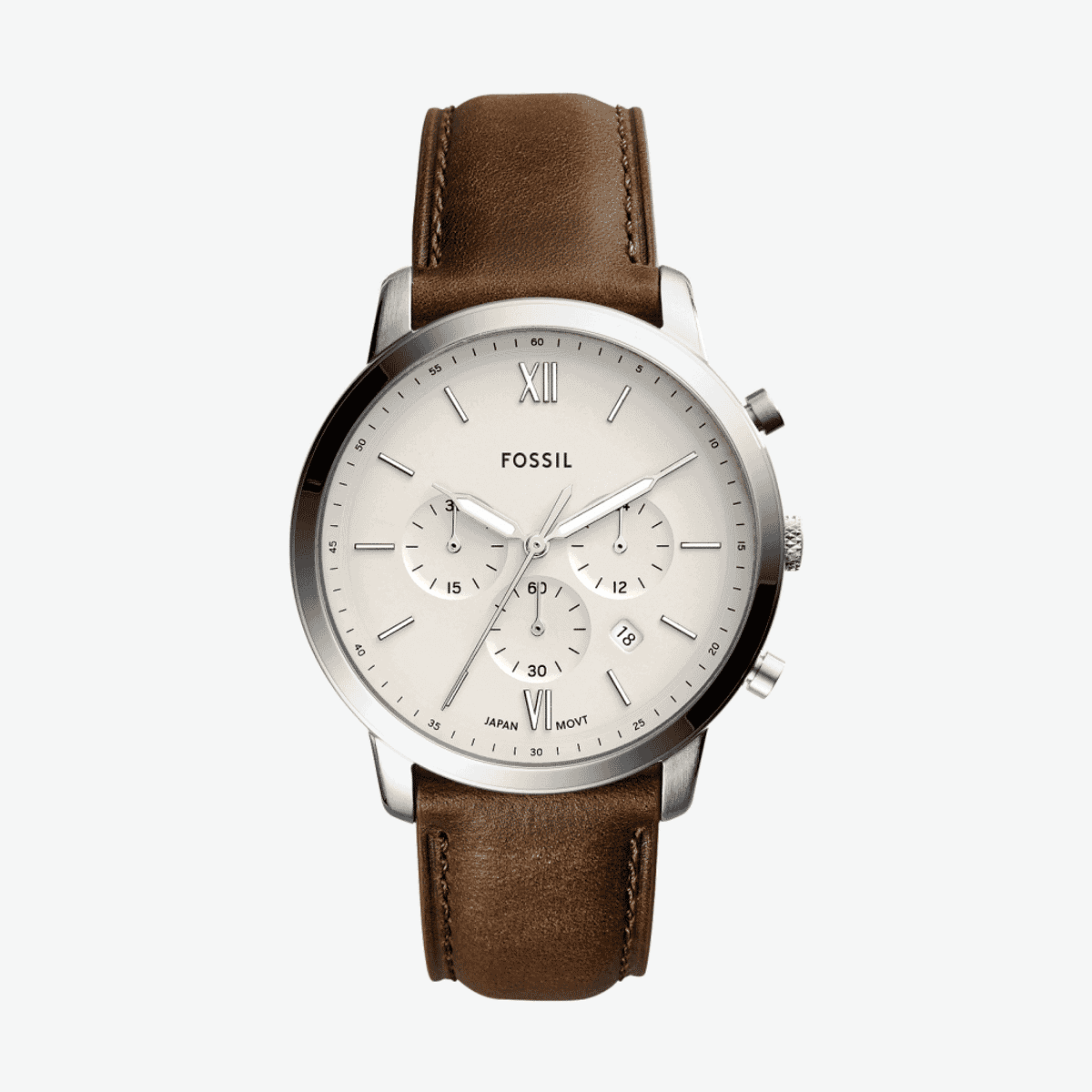 Reloj Fossil Neutra cronógrafo con caja plateada, correa de piel marrón y esfera beige - FS5380