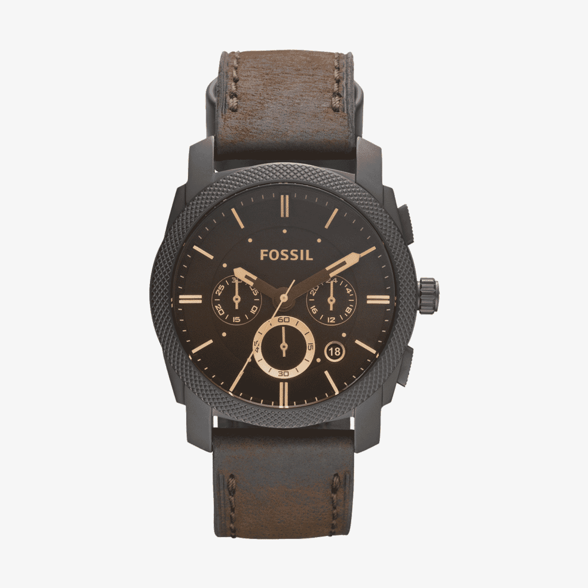 Vista frontal del Reloj Fossil Machine con correa de piel marrón, caja negra y esfera marrón con cronógrafo - FS4656