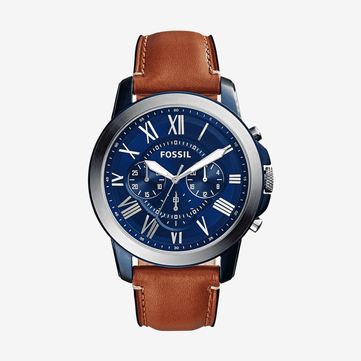 Vista frontal del Reloj Fossil Grant con correa de piel marrón claro, caja azul y esfera azul con cronógrafo - FS5151