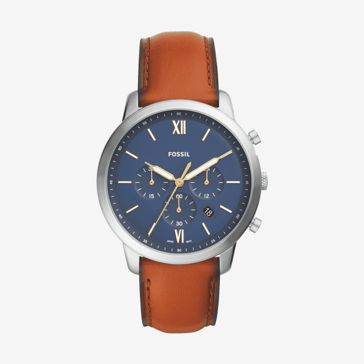 Reloj Fossil Neutra cronógrafo con correa de piel marrón y esfera azul con caja plateada - FS5453