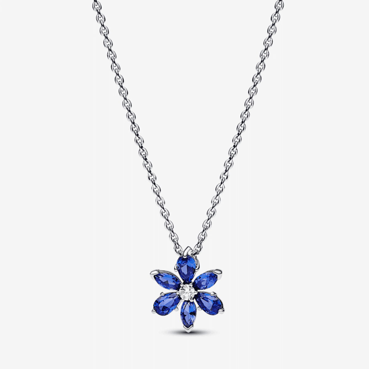 Collar Pandora Herbario de plata con flor azul brillante en vista frontal - 392387C02