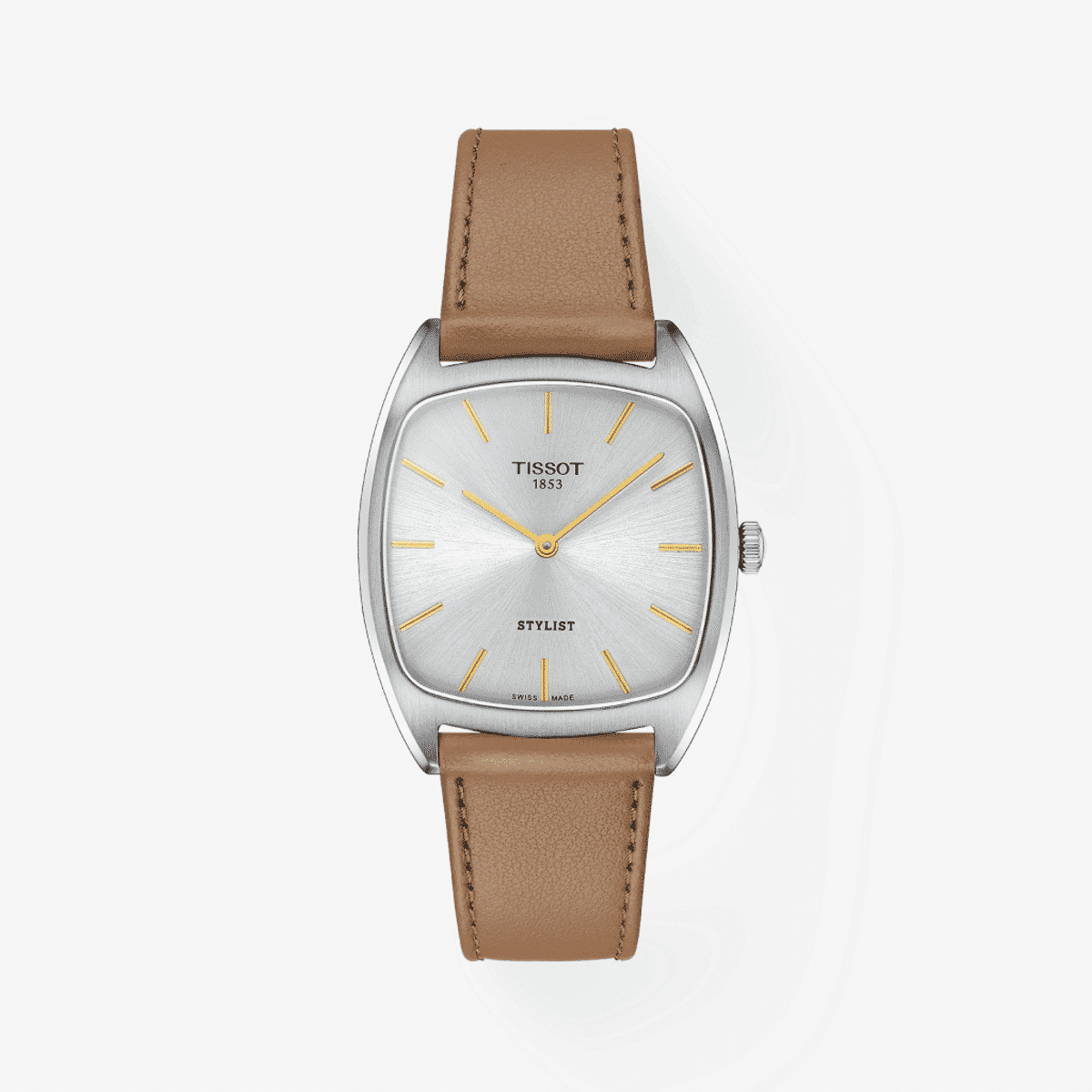 Reloj Tissot Stylist con esfera plateada y correa de piel marrón - T1599091603100