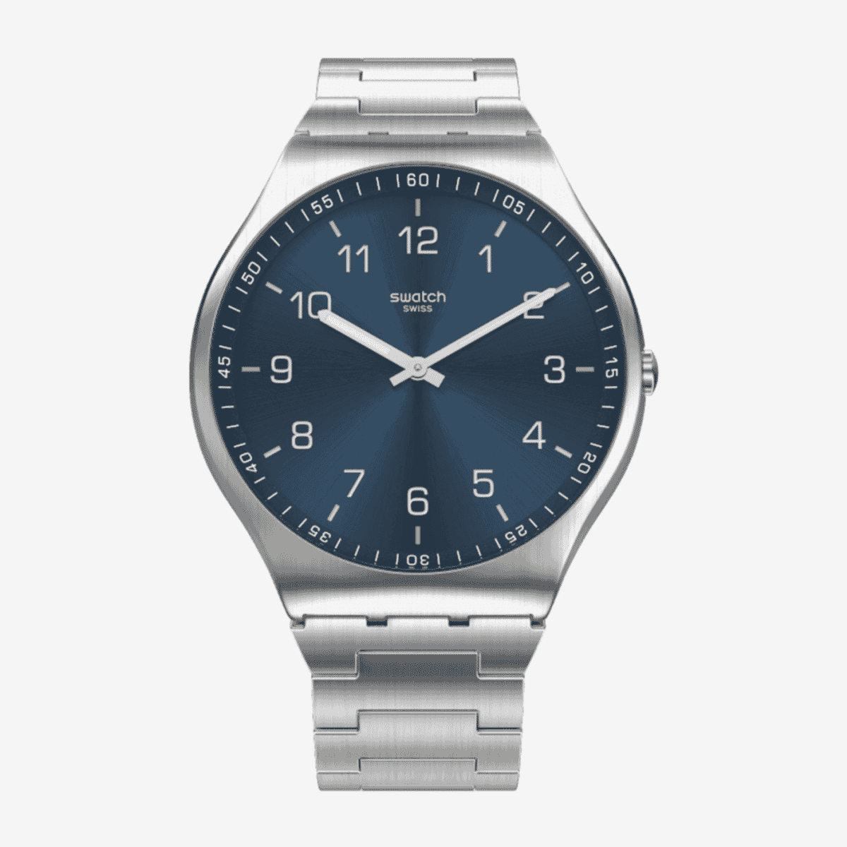 Reloj Swatch Skin Suit Blue con caja plateada y brazalete metálico, esfera azul marino - SS07S106G