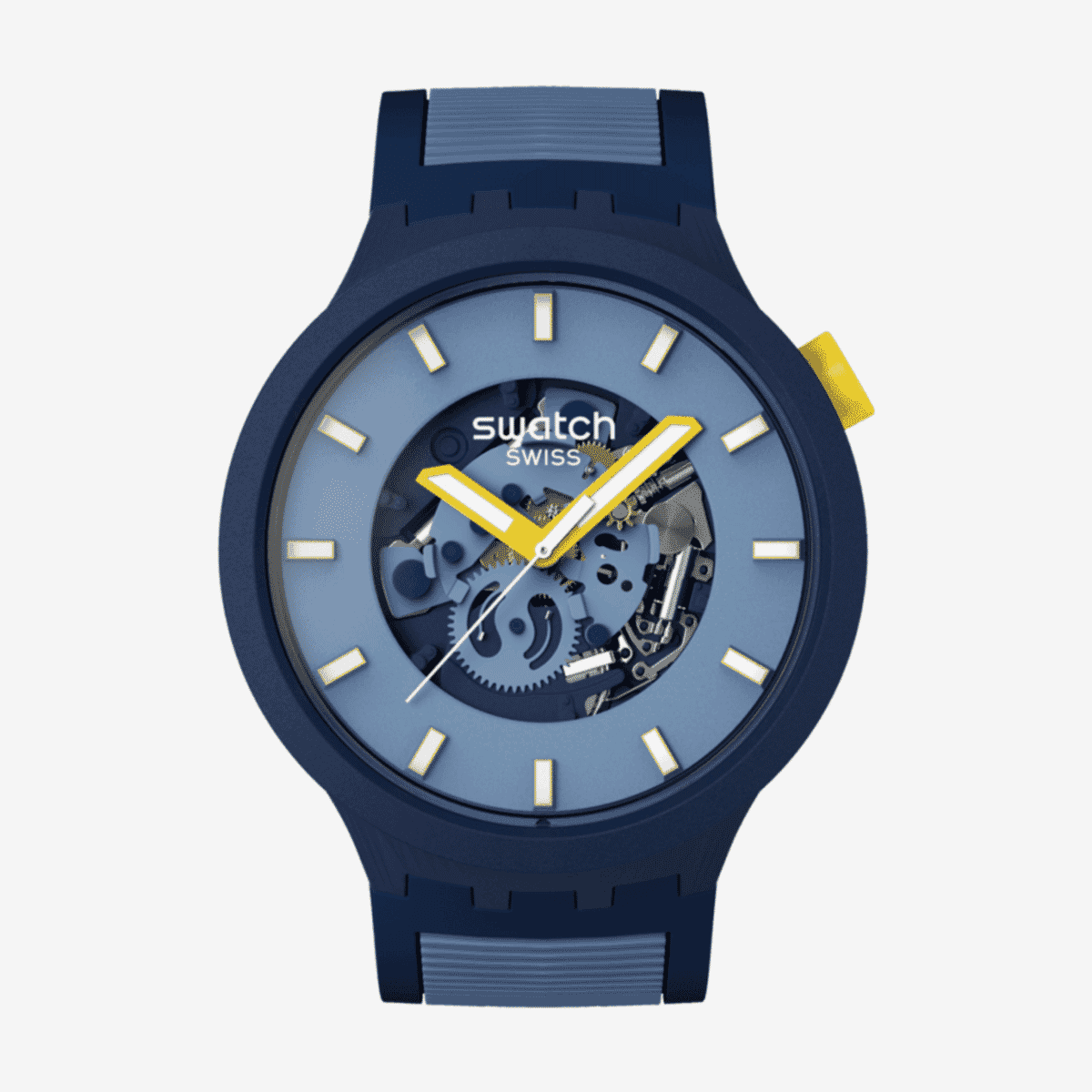 Reloj Swatch Below the Horizon con caja azul marino y detalles amarillos - SB05N117