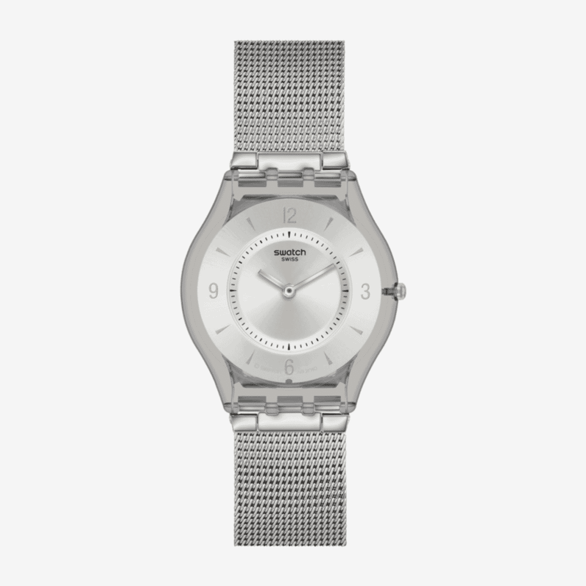 Reloj Swatch Metal Knit con caja transparente y malla milanesa plateada - SS08M100M
