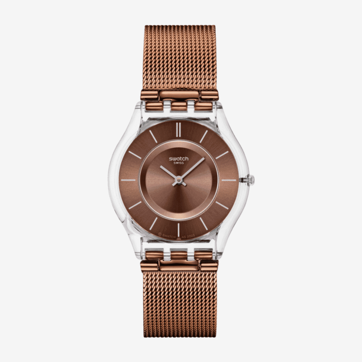 Reloj Swatch Mocha in Mind con caja transparente y malla milanesa color cobre - SS08K121M