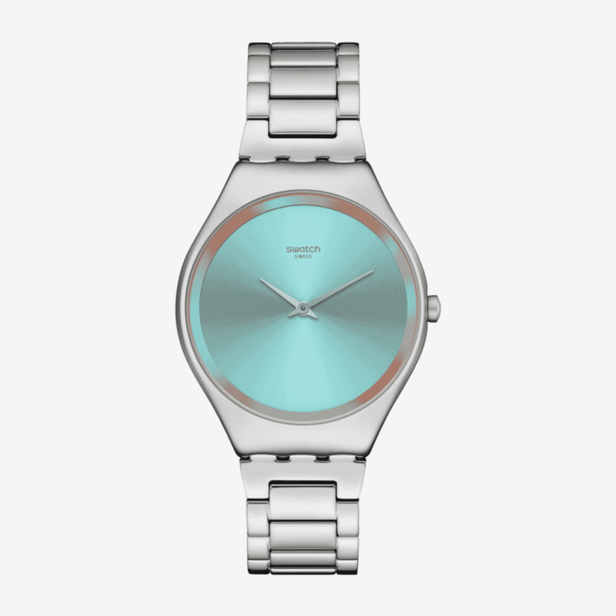 Reloj Swatch The Glow of Irony con caja plateada y esfera turquesa - SYXS155G