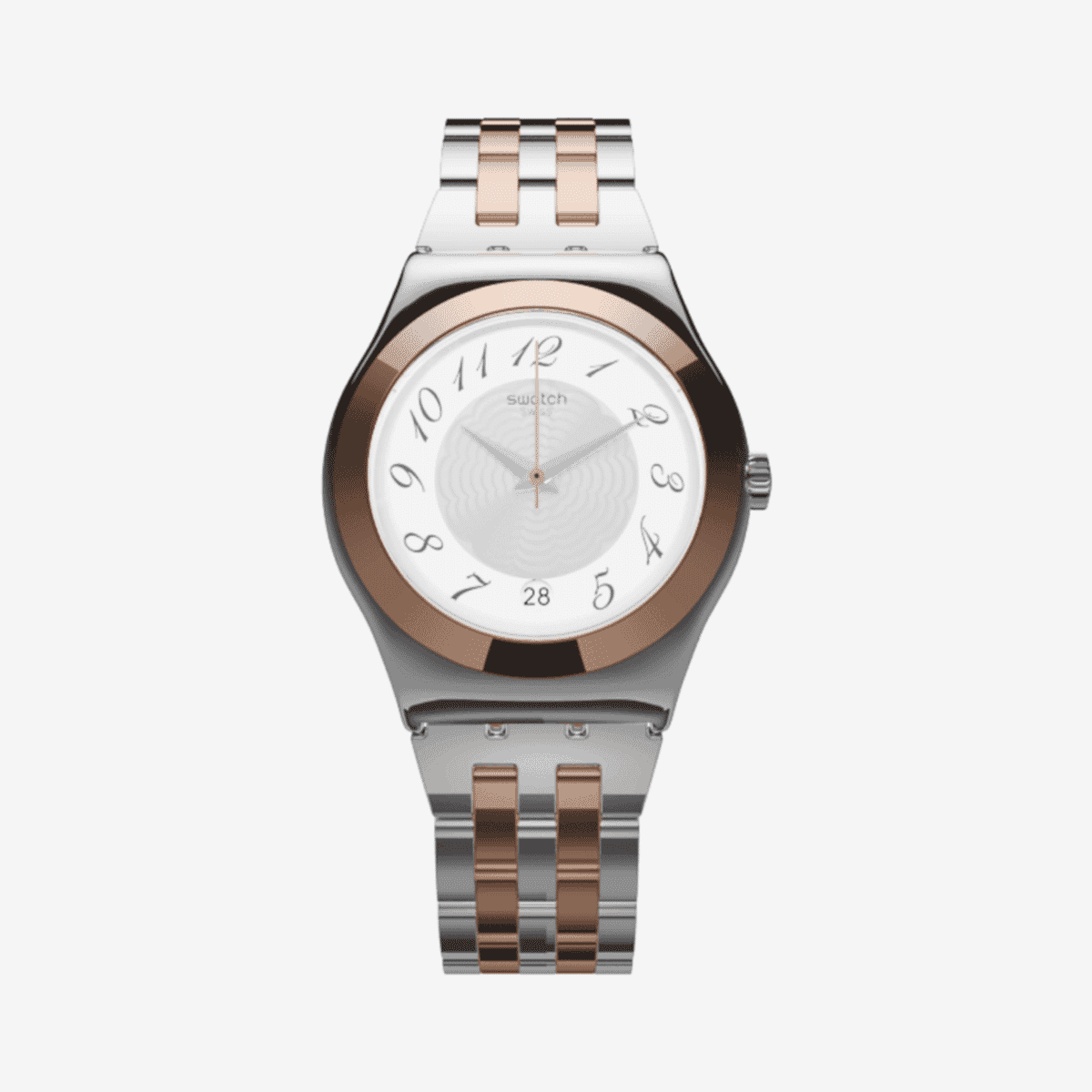 Reloj Swatch Midimix con caja y brazalete bicolor en plateado y oro rosado, esfera plateada con números arábigos - YLS454G