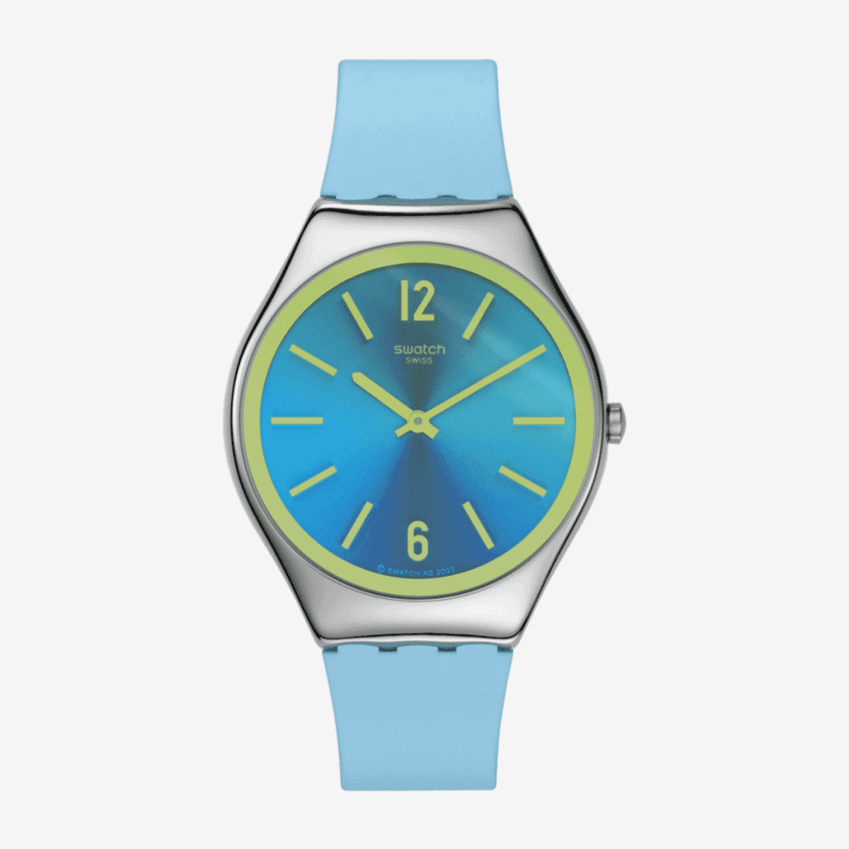 Reloj Swatch Midday Sky con caja plateada, esfera azul celeste, bisel verde lima y correa celeste - SYXS156