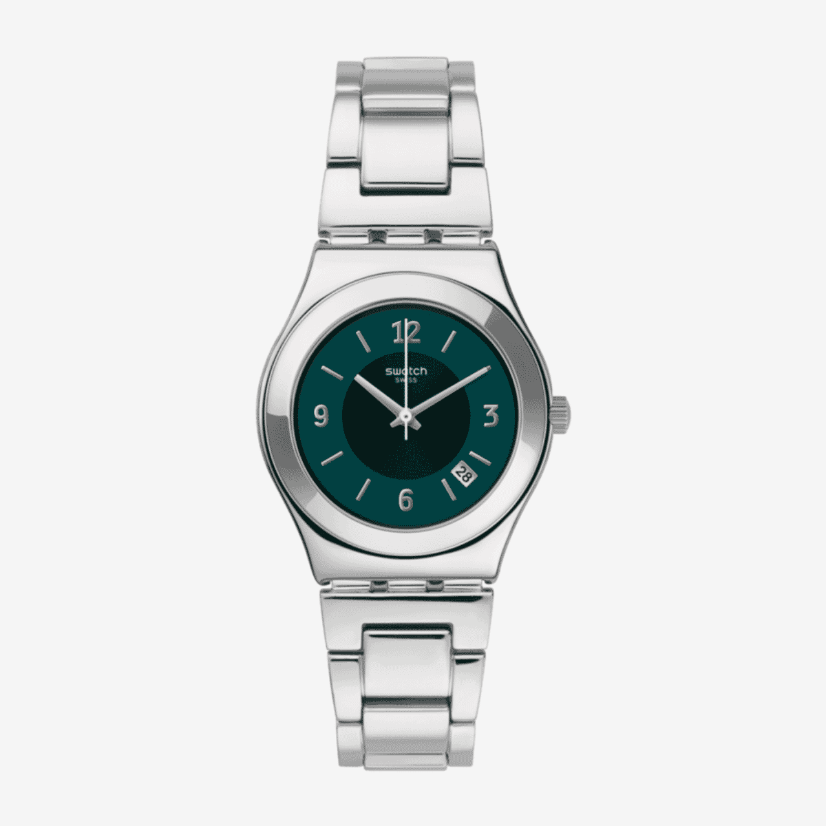 Reloj Swatch Middlesteel con caja plateada, esfera verde oscuro y brazalete de acero - YLS468G