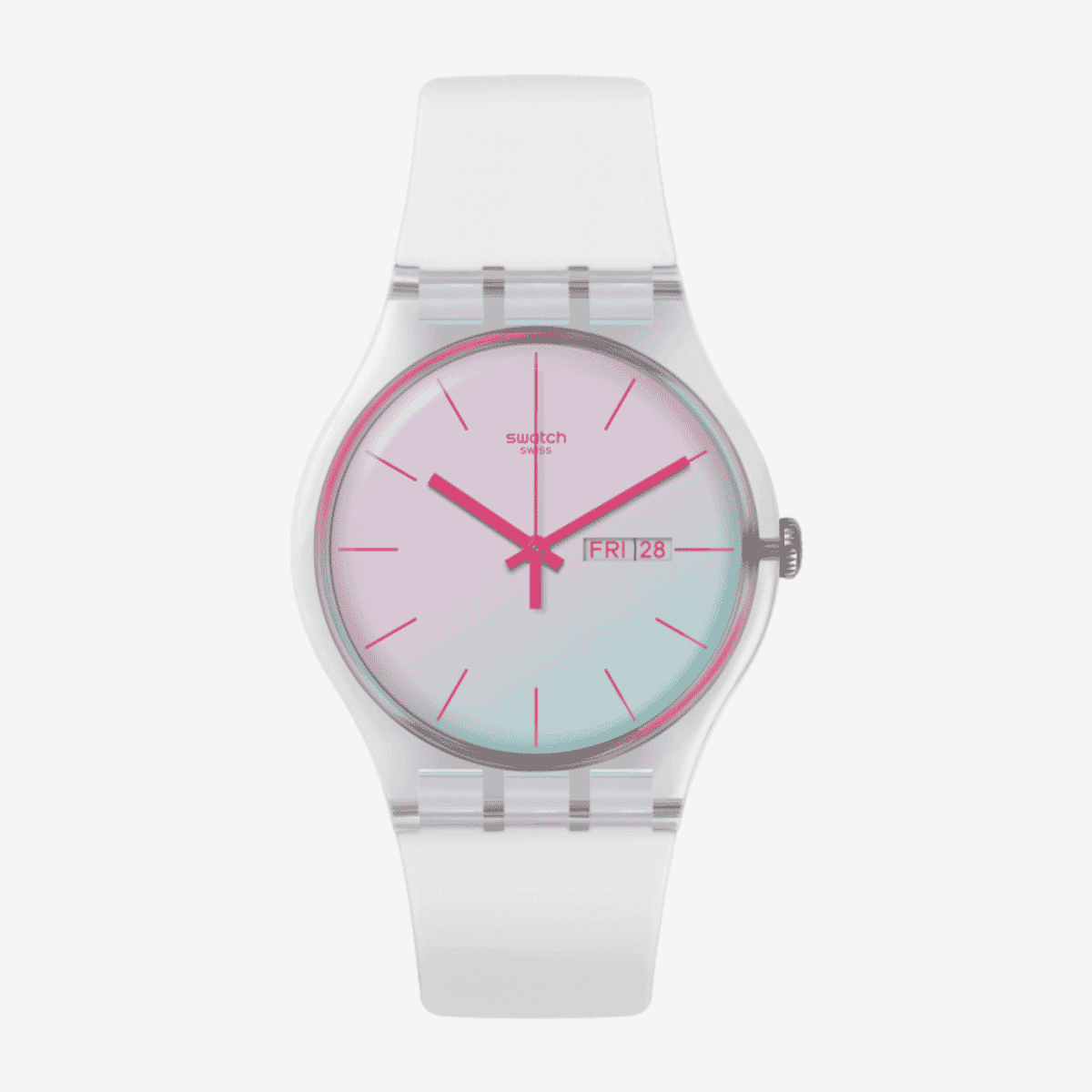 Reloj Swatch Polawhite con caja transparente, esfera degradada rosa-turquesa y correa blanca - SO29K704-S14