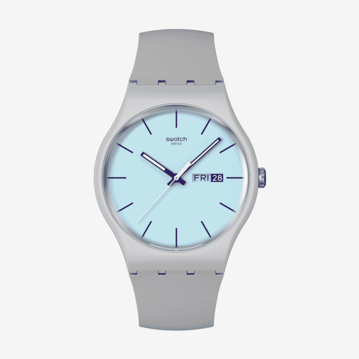 Reloj Swatch Blueberry Sky con caja gris, esfera azul celeste y correa gris - SO29M702