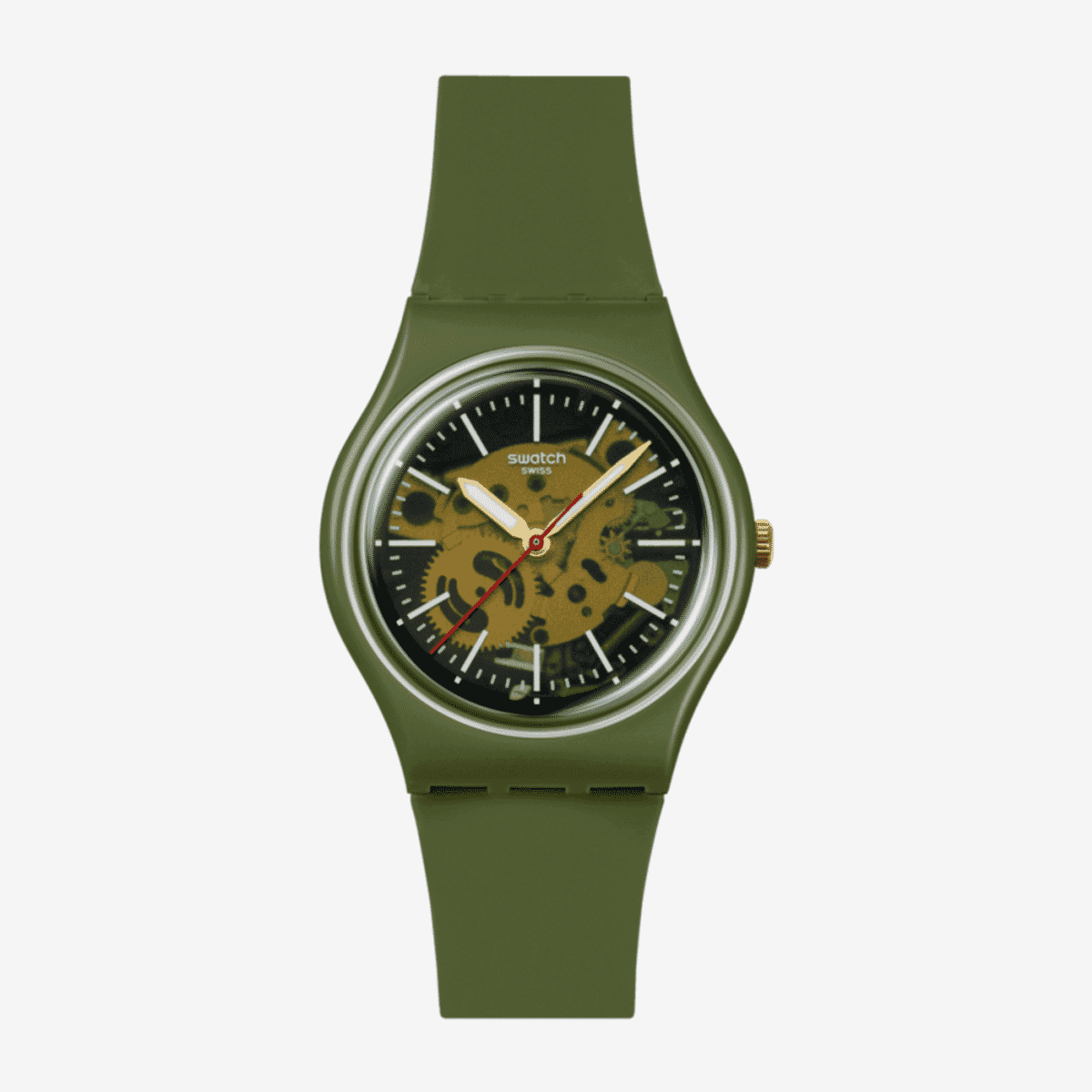 Reloj Swatch Thru the Greenery con caja verde oliva, esfera esqueleto dorada y correa verde - SO28G110