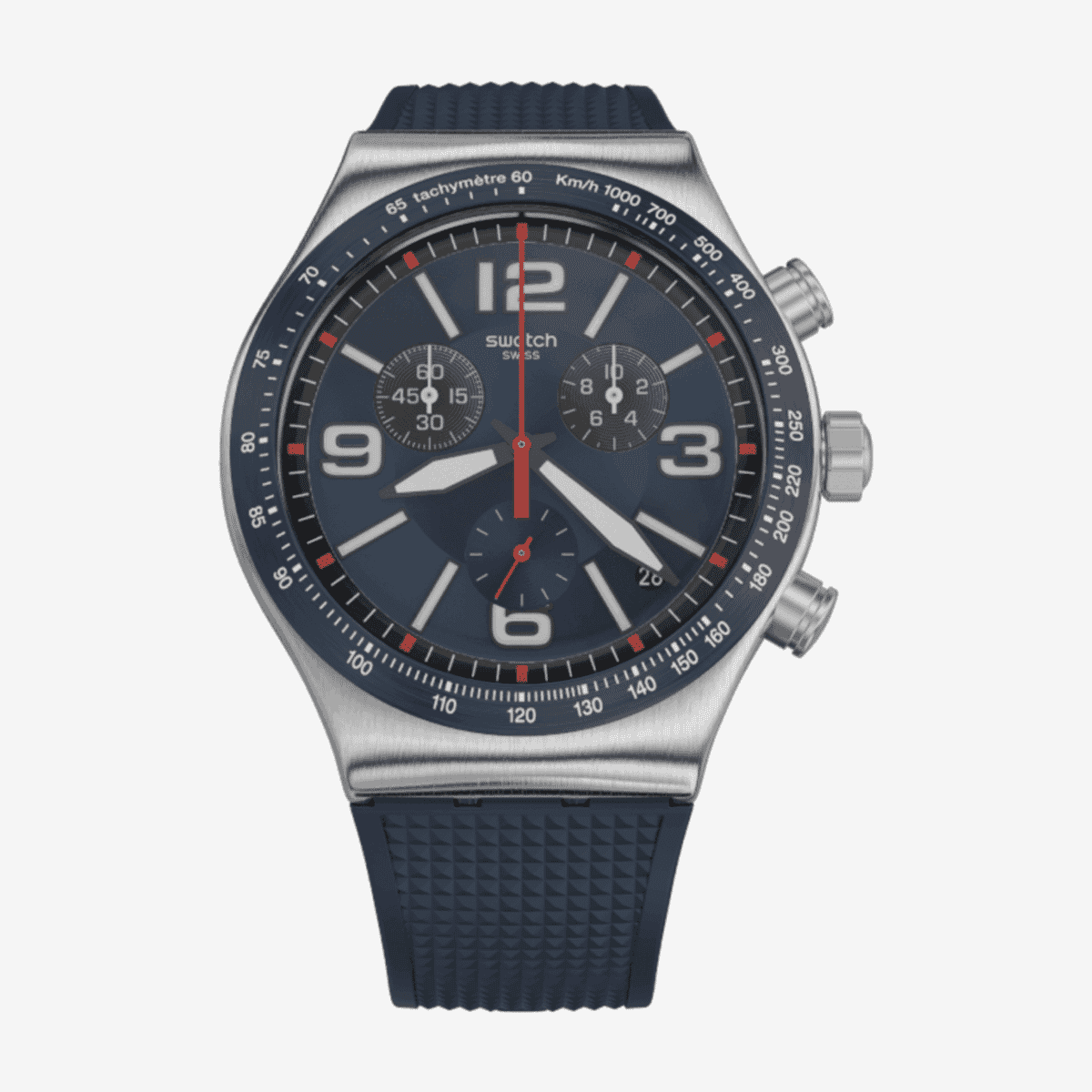 Vista frontal del Reloj Swatch Blue Grid con esfera azul, cronógrafo y correa de silicona azul - YVS454