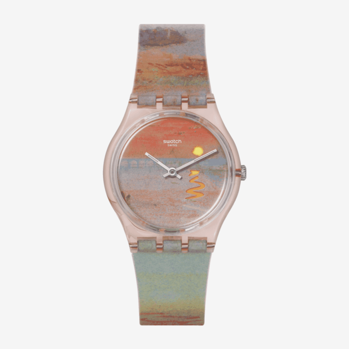 Vista frontal del Reloj Swatch Turner's Scarlet Sunset con esfera multicolor y caja transparente - SO28Z700