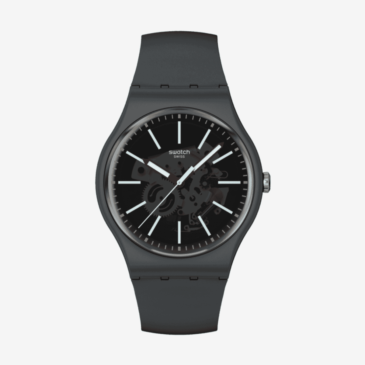 Vista frontal del Reloj Swatch Coblestone Street con esfera negra - SO29A101